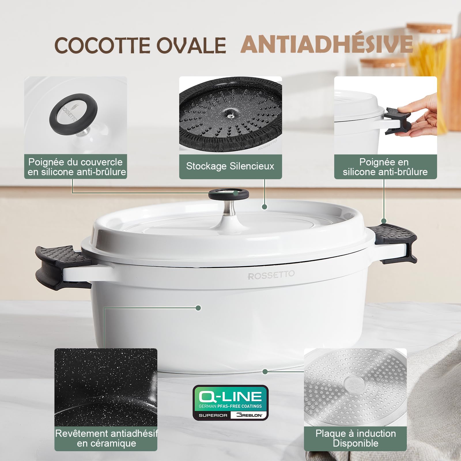 ROSSETTO 10,6L Cocotte ovale en fonte d’aluminium, revêtement antiadhérent en céramique. Couvercle avec picots saveurs. Compatible tous feux dont induction et au four jusqu’à 220° (38cm, Blanc)