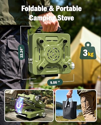 Miniatura 7 de Estufa de campamento con 2 quemadores de propano, 30,000 BTU plegable con rejillas resistentes al viento y sartén, estufas de campamento portátiles