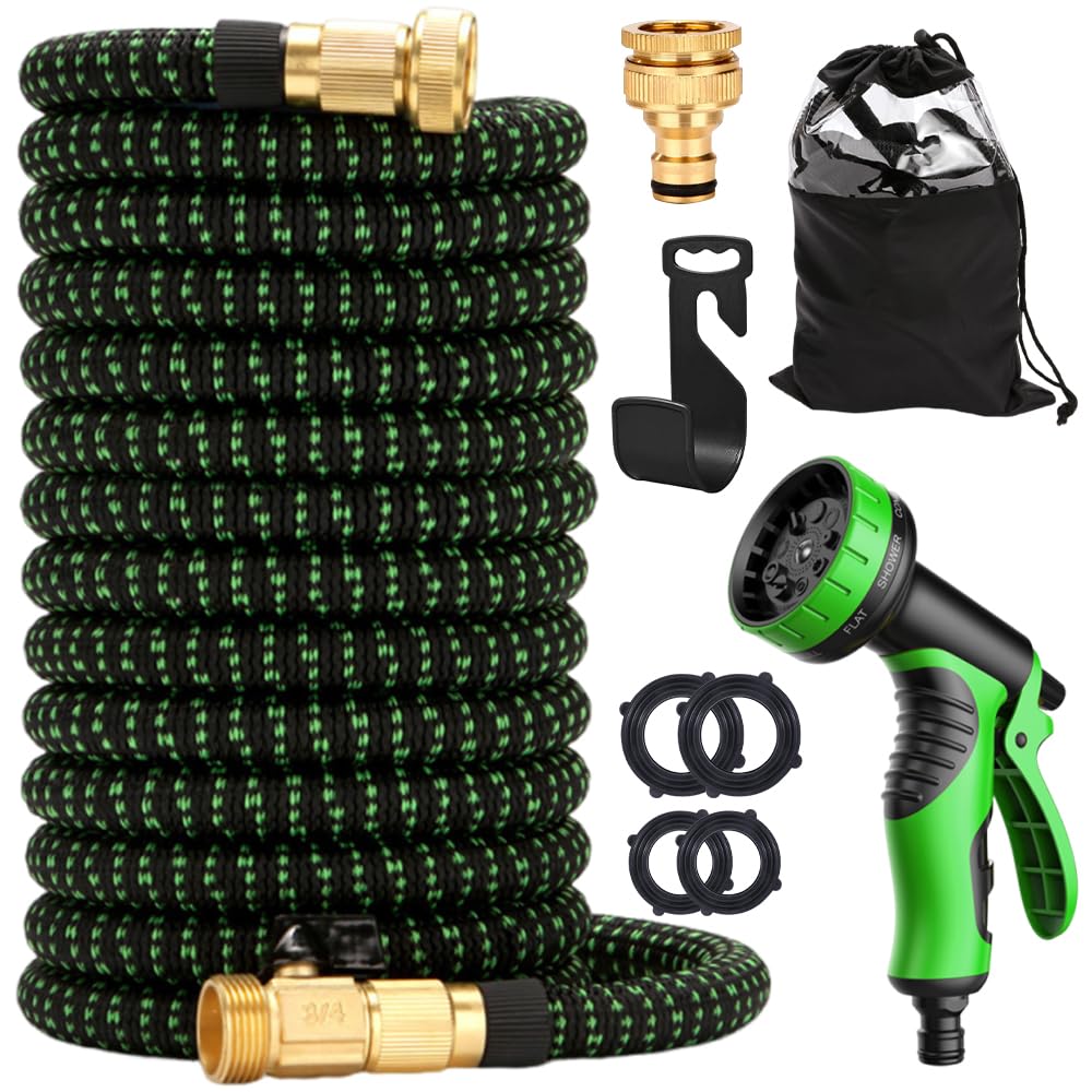Expandable Garden Hose Pipe, 30m/100ft Expanding Hose with 10 Function Spray Gun, Flexible Hosepipes for Garden with 3/4"&1/2" Solid Brass Connectors Durable Weave & No-Kink