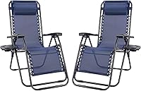 NEWBULIG Zero Gravity Chair Set of 2 - Folding Portable Recliners w/ Adjustable Pillow, Breathable Mesh Back & Cup Holder Tray for Patio, Beach, Pool - Blue