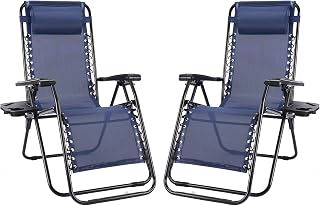 NEWBULIG Zero Gravity Chair Set of 2 - Folding Portable Recliners w/ Adjustable Pillow, Breathable Mesh Back & Cup Holder Tray for Patio, Beach, Pool - Blue