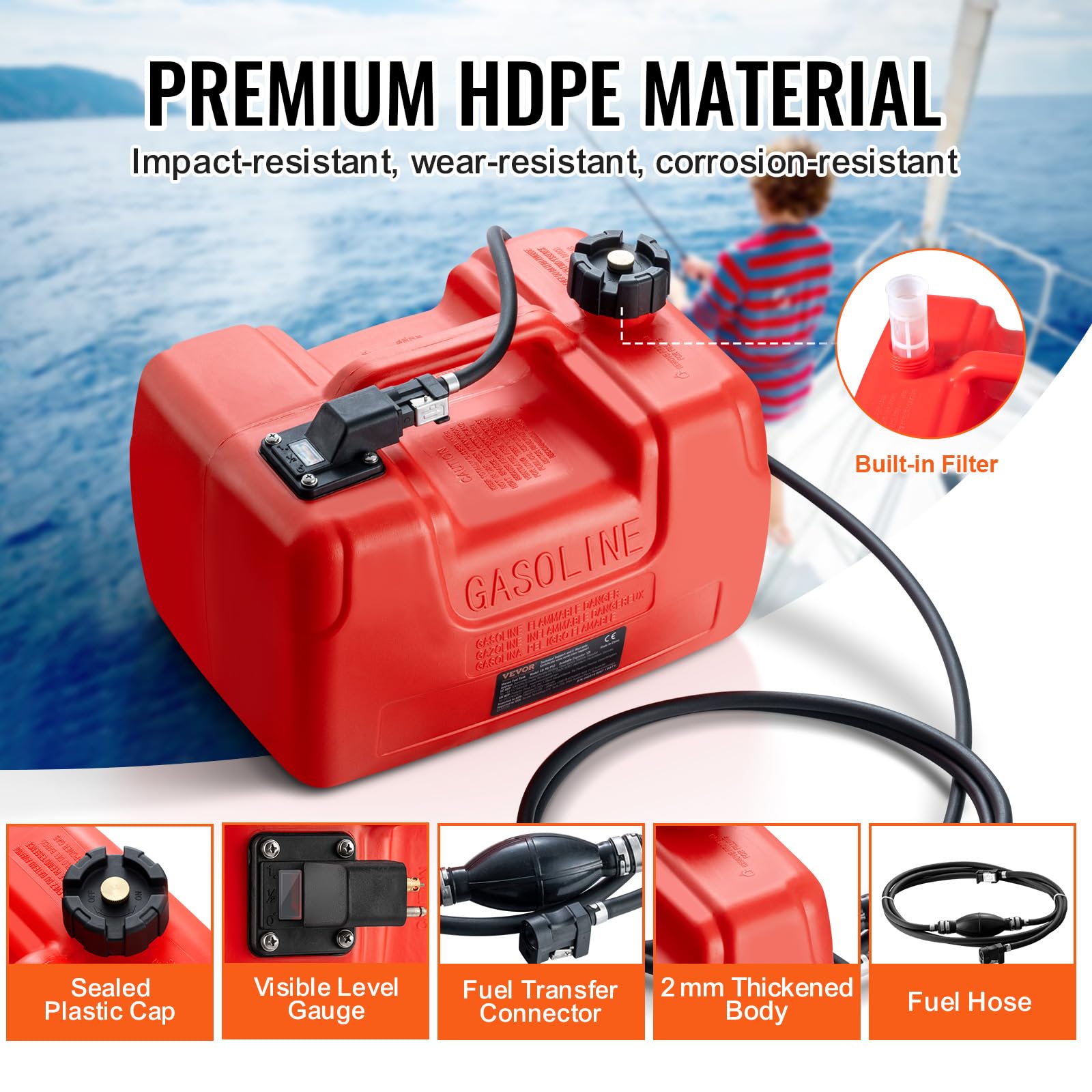 VEVOR Tanque de Combustible Marino, 12 L Tanque de Combustible Portátil para Barcos con Motor Fueraborda Tanque de Combustible de Plástico para Barcos Marinos con Manguera, Fácil de Traer