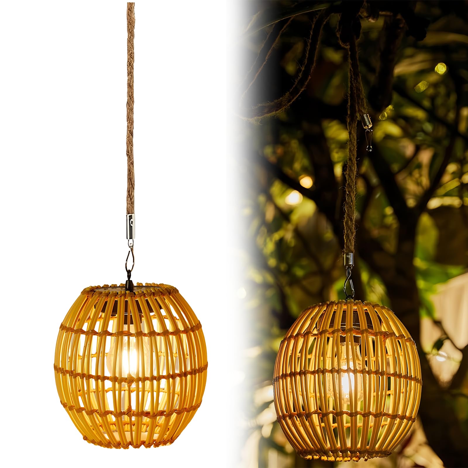 Solar Lantern BORDEAG Outdoor Hanging Rattan Waterproof Light Sensor Solar Lamp Handmade Outdoor Garden Balcony