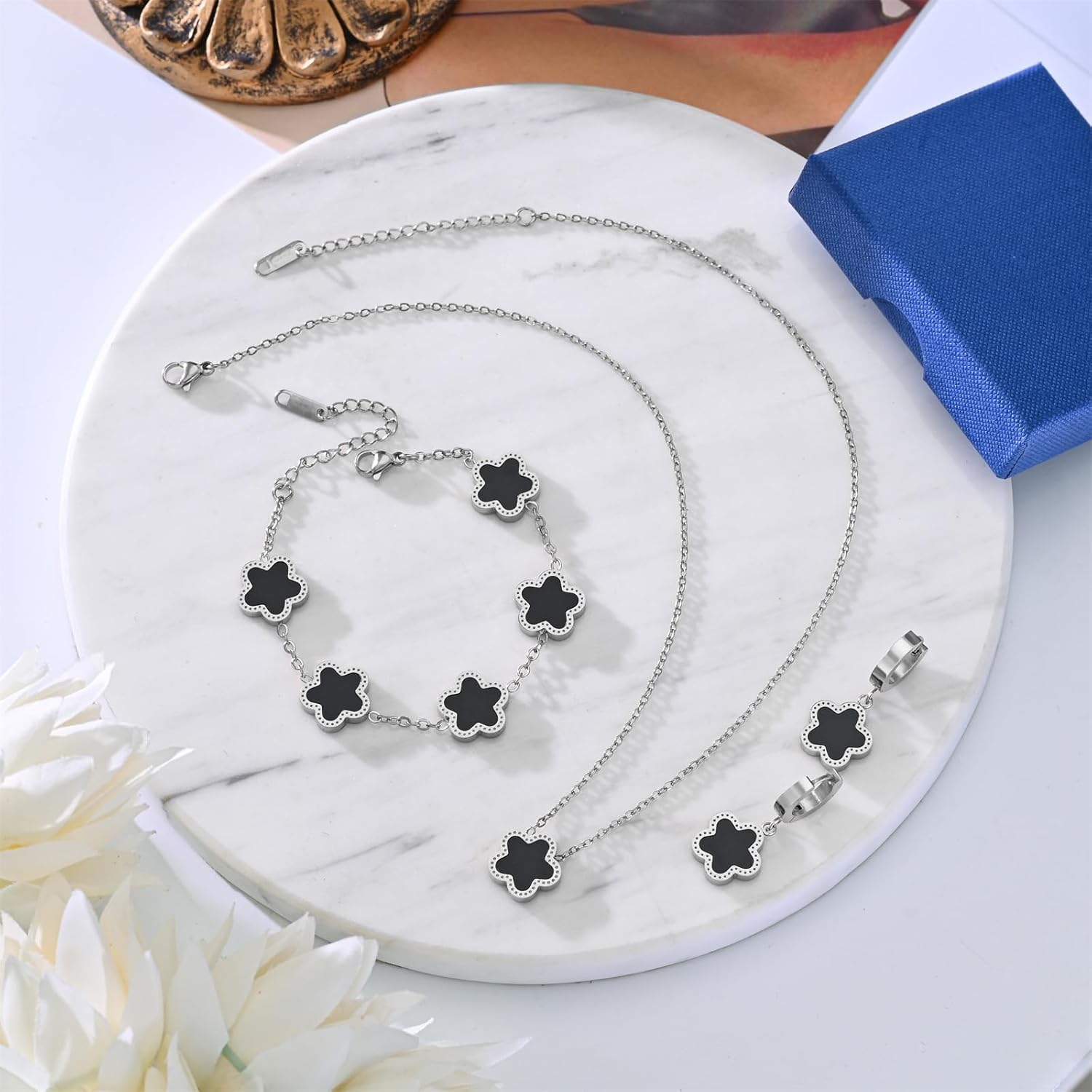 Lucky Clover Jewelry Set 18K Gold Plated Five Leaf Clover Necklace Bracelet Earrings Set Flower Jewelry Sets Birthday Gifts for Women - Image 6