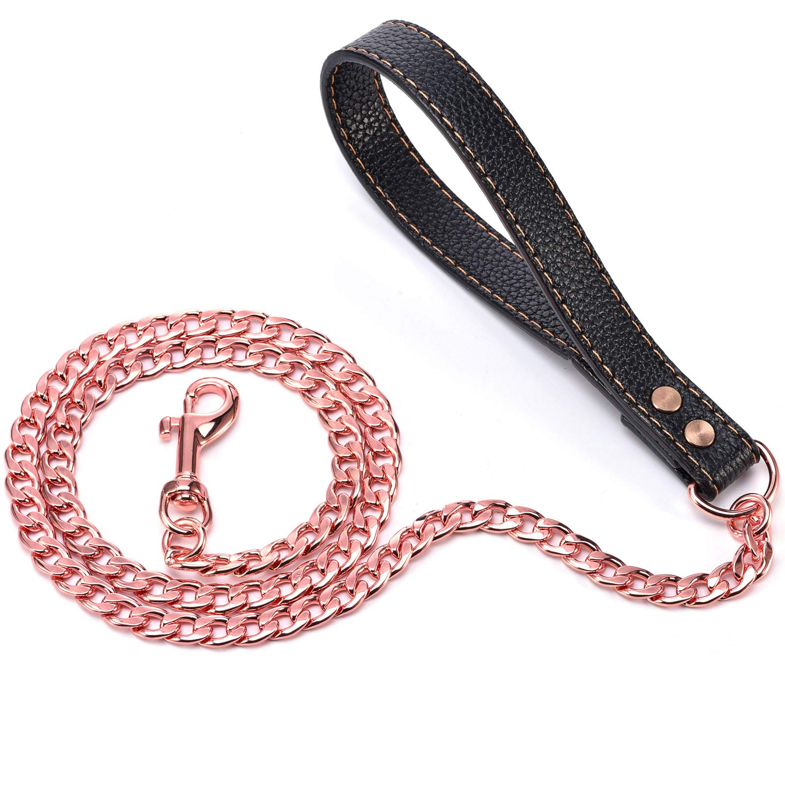 Fully Welded Rose Gold Dog Leash with Leather Handle,4Ft,Metal Dog Chain,316L Stainess Steel Strong Dog Pet Chain for Large Medium Small Dogs (4FT, Rosegold)