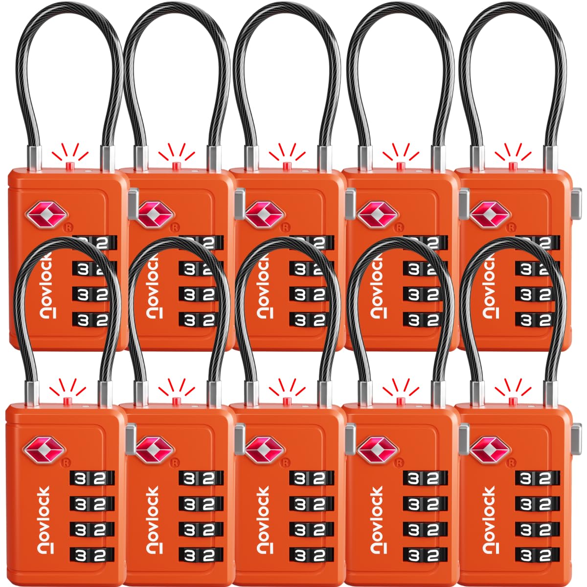 TSA Approved Luggage Locks | Inspection Indicator, 4-Digit Combination, Durable Zinc Alloy | for Suitcases, Backpacks, Travel Bags | Orange, 10-Pack