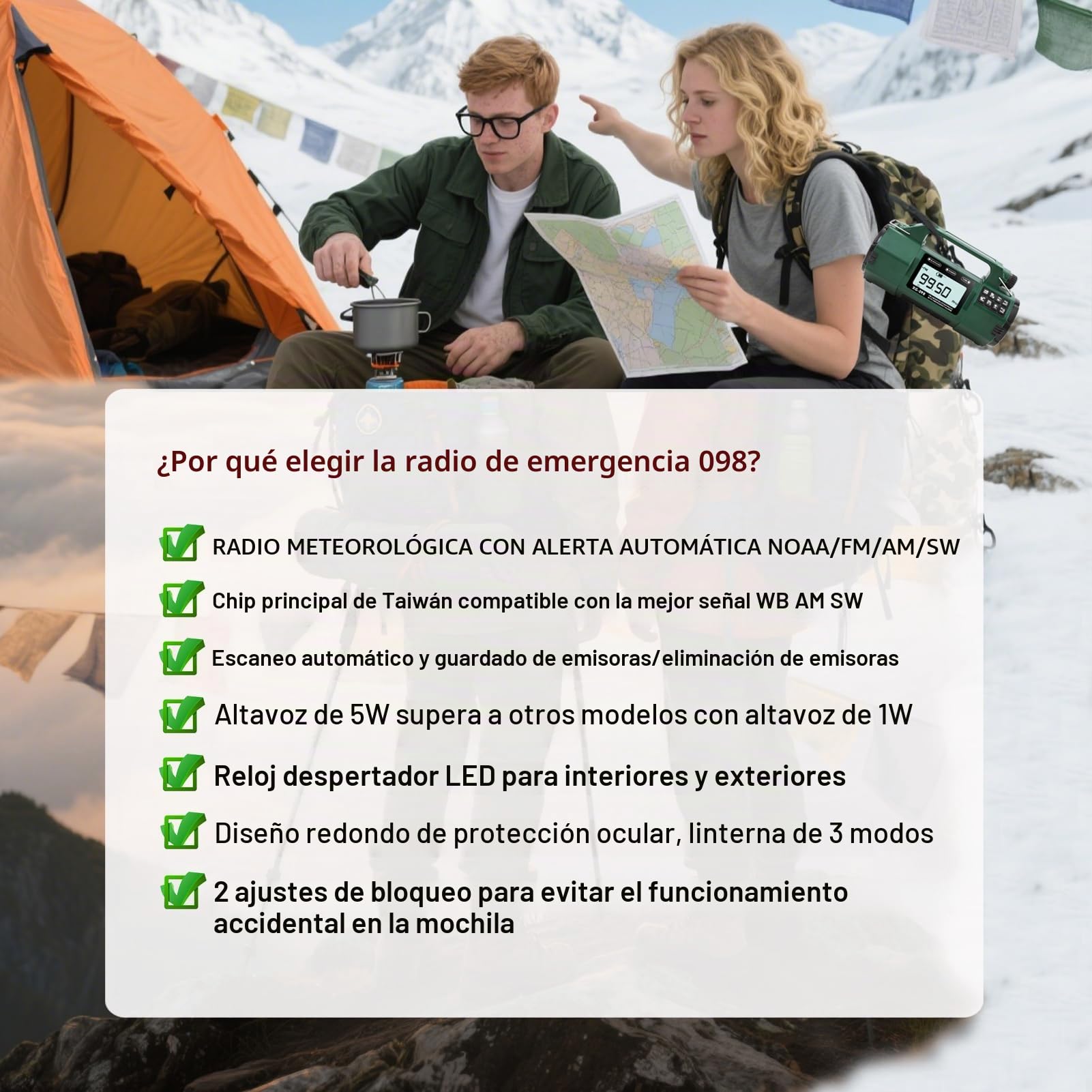Radio meteorológica de emergencia, batería reemplazable 5000mAh, radio solar de manivela con alerta AM/FM/SW/NOAA, reloj despertador, temporizador, brújula, cargador de teléfono móvil, conector para