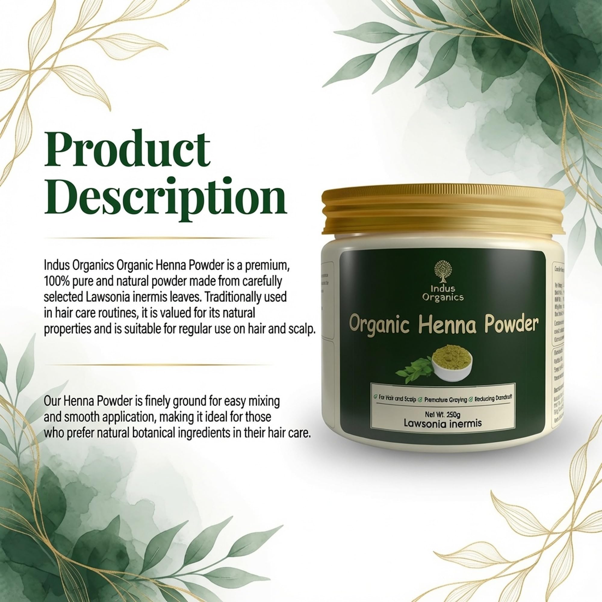 Indus Organics Henna Powder for Hair 250 gm | Mehndi | Fights Premature Greying & Long Lasting Henna | Natural Hair Dye | 1