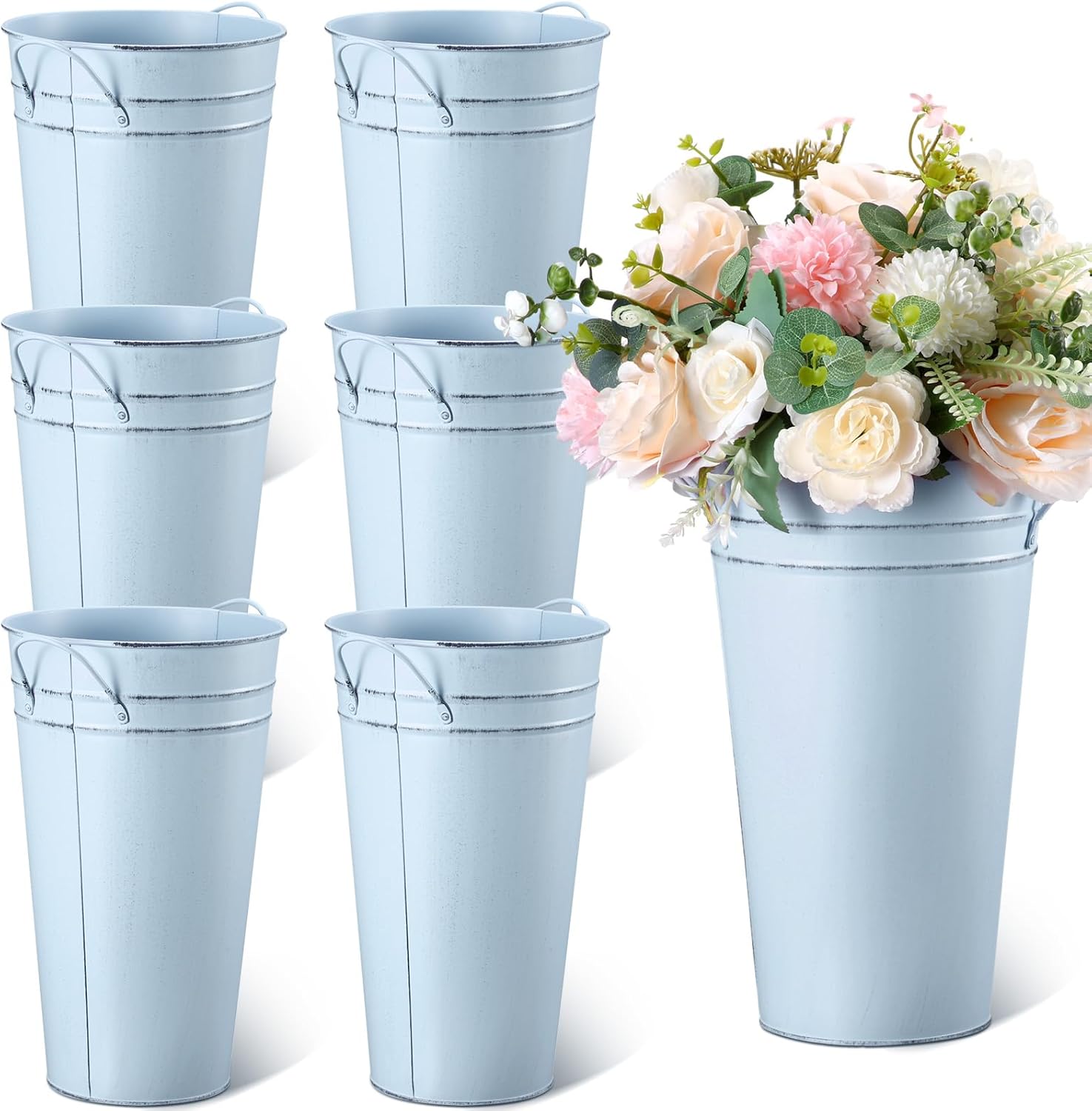 Irenare 12 Inch Vintage Galvanized Flower Bucket Metal Flower Vase Farmhouse French Bucket Planter Metal Floral Container for Party Table Centerpiece Weddings Home(Pale Blue,6 Pcs)
