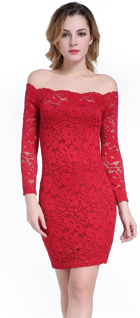 Green Mango Women's Off Shoulder Floral Lace Long Sleeve Elegant Cocktail Evening Party Dress
