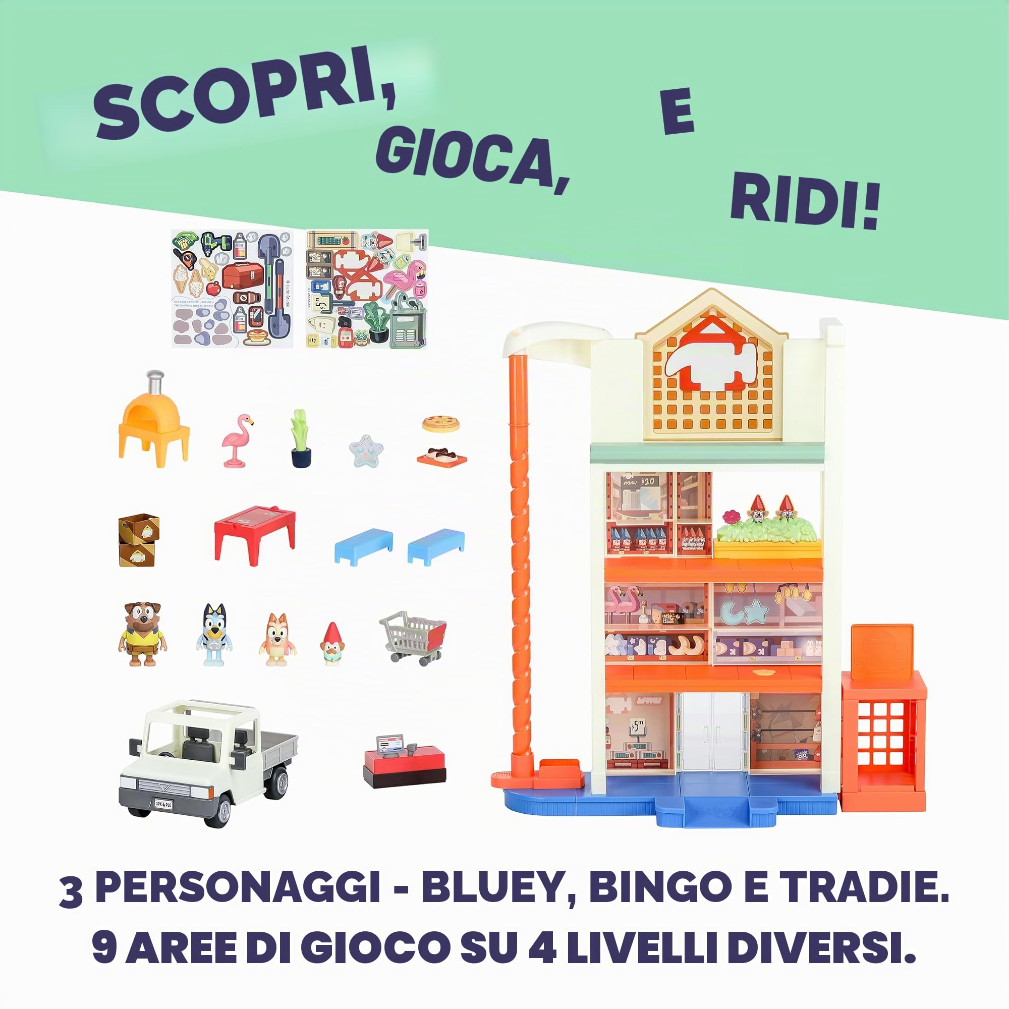 Bluey Hammerbarn - Mega set da gioco per centro commerciale, 4 livelli, altezza 55,9 cm, con sollevatore di lavoro e ritorno del carrello, luci e 45+ suoni, 3 figure, 15 accessori, più veicolo