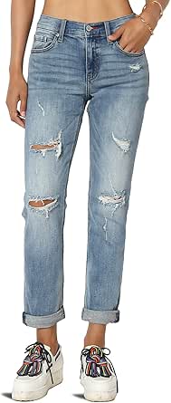 TheMogan Women's Distressed Destructed Washed Denim Mid~High Rise Relaxed Boyfriend Jeans
