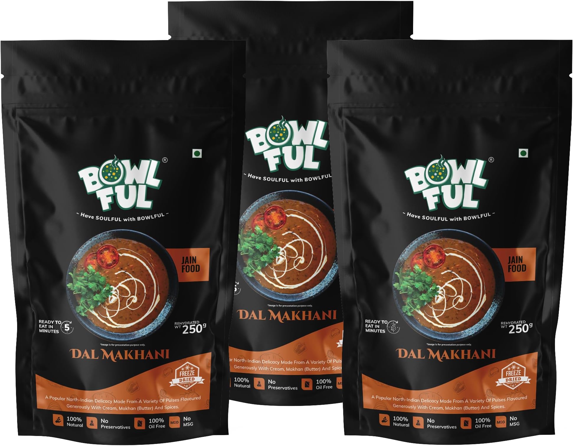 Bowlful Dal Makhani Jain, 65 GMS Each, Pack of 3, Creamy Dal with Richness of Butter and Spices. 100% Natural, Freeze Dried Food