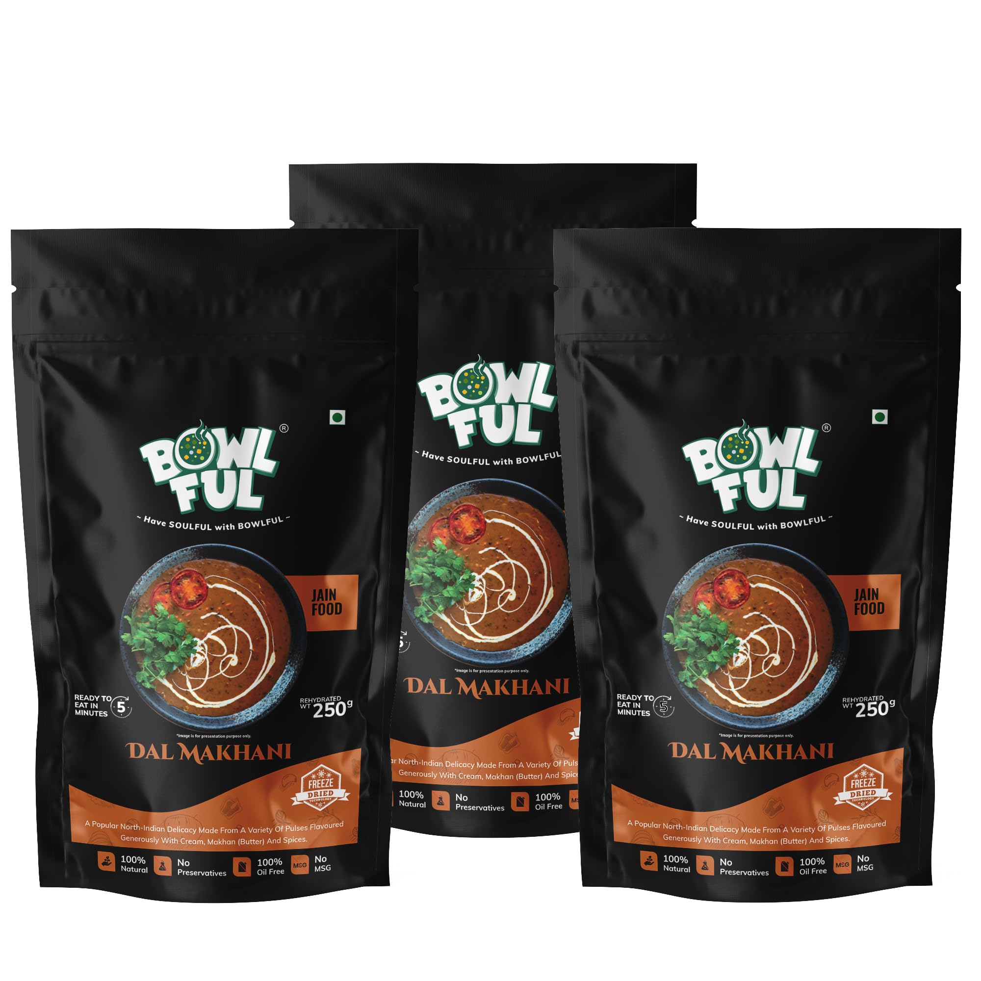 Bowlful Dal Makhani Jain, 65 GMS Each, Pack of 3, Creamy Dal with Richness of Butter and Spices. 100% Natural, Freeze Dried Food