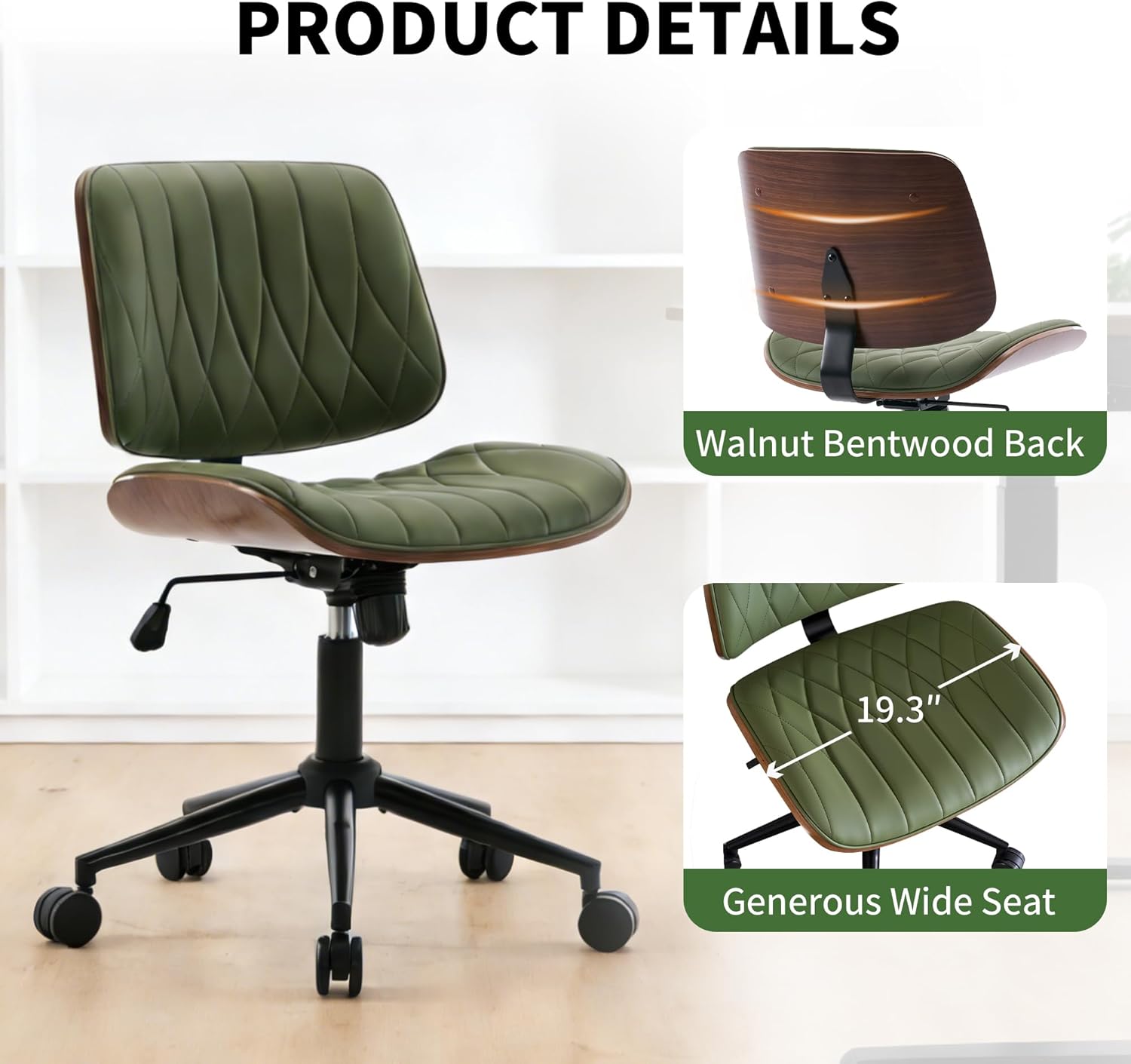 Armless Desk Chair, PU Leather Swivel Office Chair, Ergonomic Vanity Chair for Small Space, Apartment, Home Office - Mid-Century Modern with Wheels(Green)