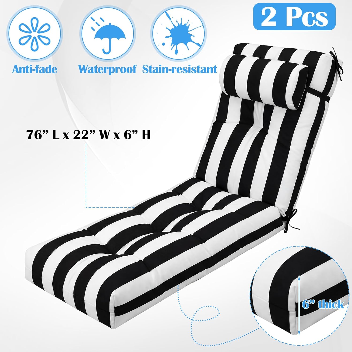 Wenqik Set of 2 Outdoor Chaise Lounge Cushions 76 x 22 x 6 Inch Waterproof Patio Furniture Chaise Cushion with Headrest Pillow Thick Tufted Lounge Pad for Lawn Pool Hotel(Black White Stripe)