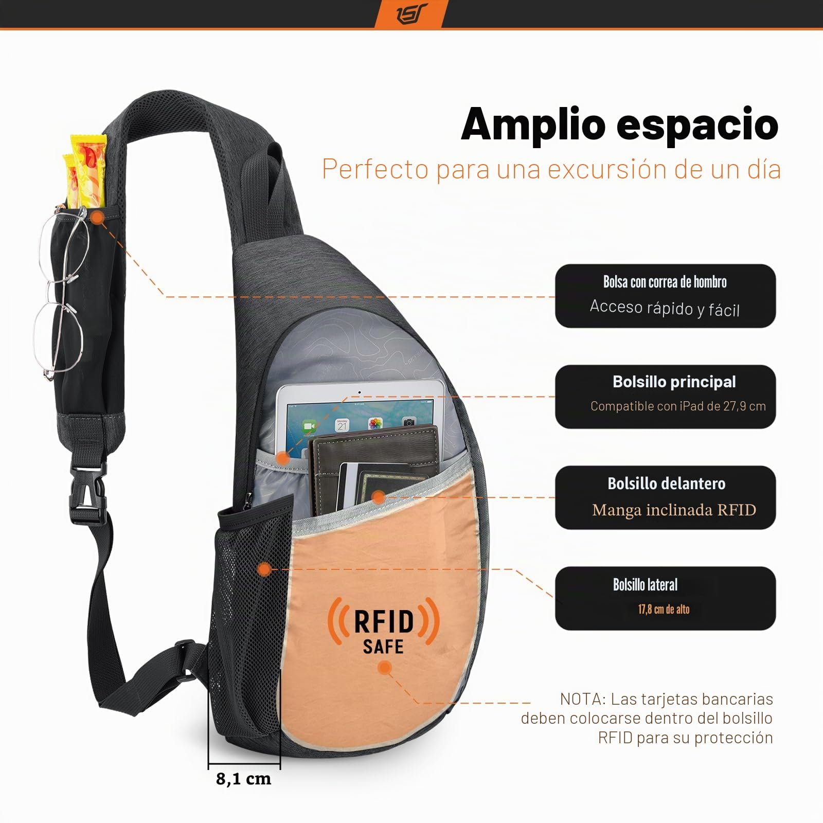 SKYSPER Bolso Bandolera con Bloqueo RFID, Mochila Cruzada Hombre Antirrobo Bolso Pecho Sling Bag 9L