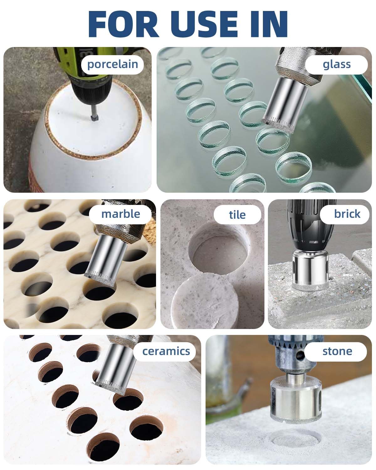 Sega a tazza per piastrelle - Set di 15 punte diamantate per piastrelle, porcellana, mattoni, vetro, marmo e ceramica GA1FSL