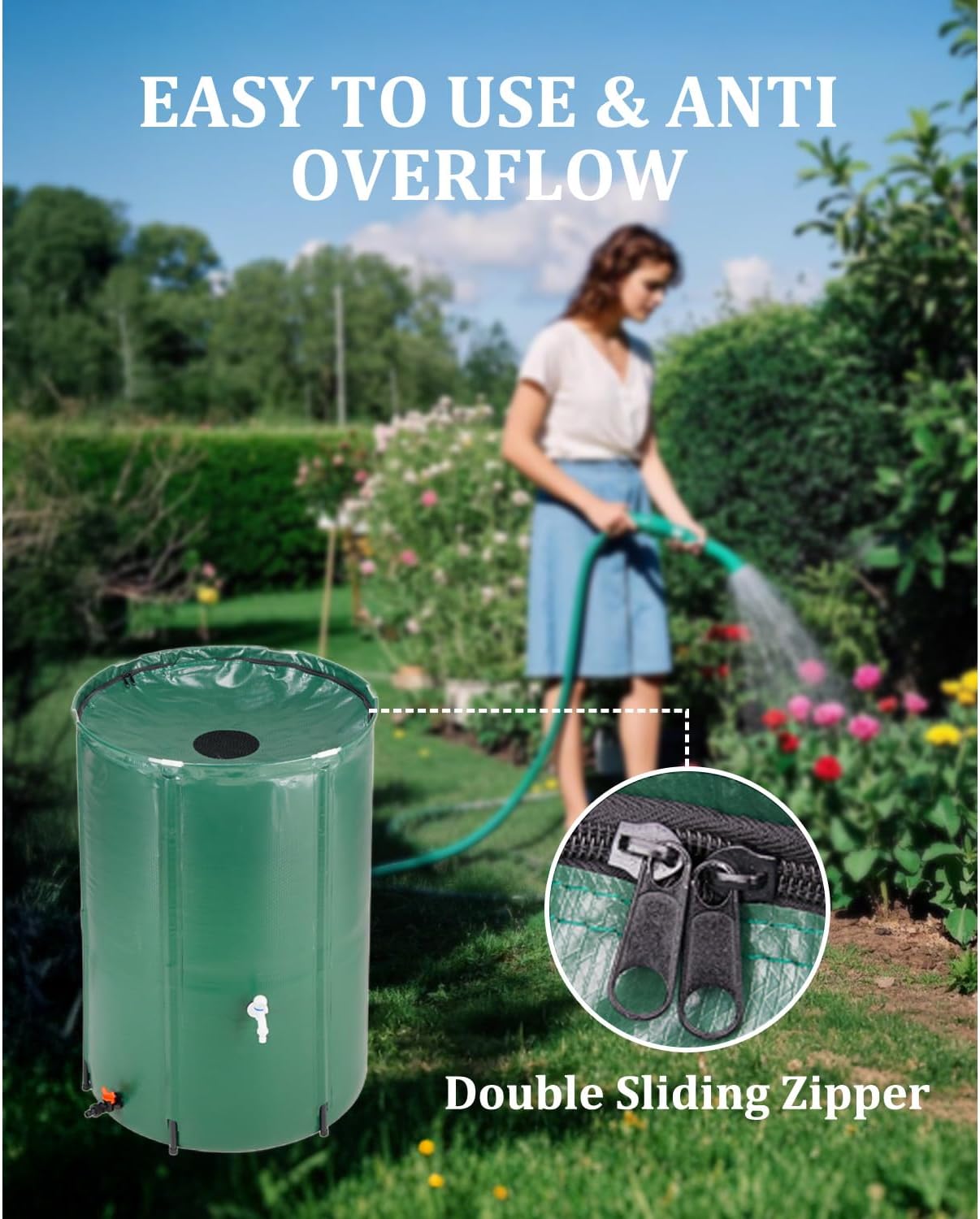 100 Gallon Collapsible Rain Barrel, Water Barrels Rain Catcher from Gutter, Rainwater Collection System Tank with 2 Spigot&Overflow Kit, Eco-Friendly Rain Collection Barrel for Garden, Patio