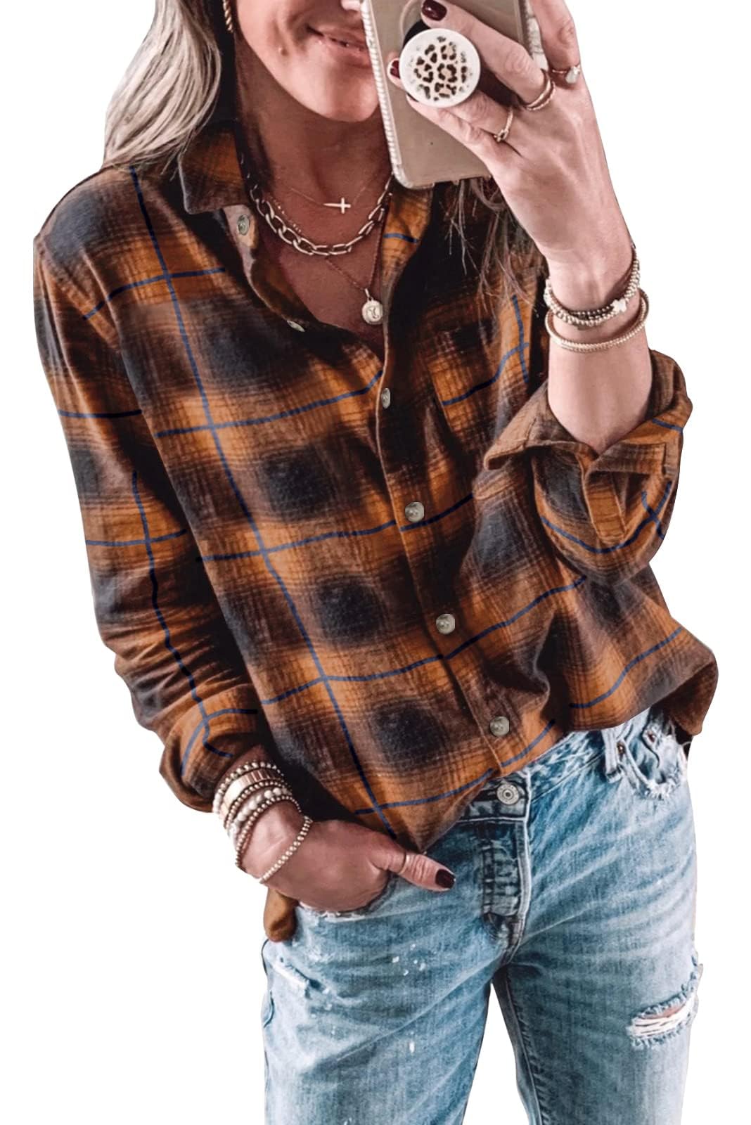 Imily Bela Bluse Damen Kariertes Longbluse Casual Langarmshirt Flanellhemd Karohemd Knöpfen Longsleeve Oberteile.