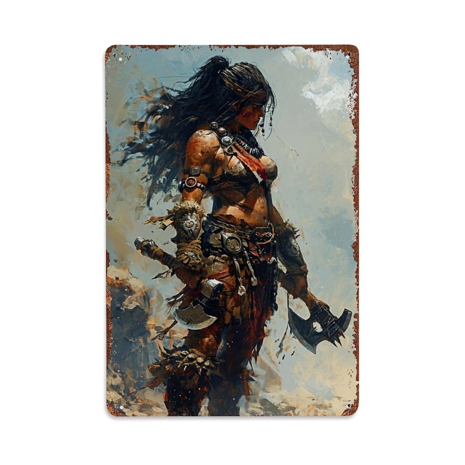 Jdfenggu Vintage Warrior Woman With Axes And Armor Retro Metal Tin Sign, Decor Art Poster For Bar, Home, Man Cave, Kitchen, Laundry Room Gift 8X12inch