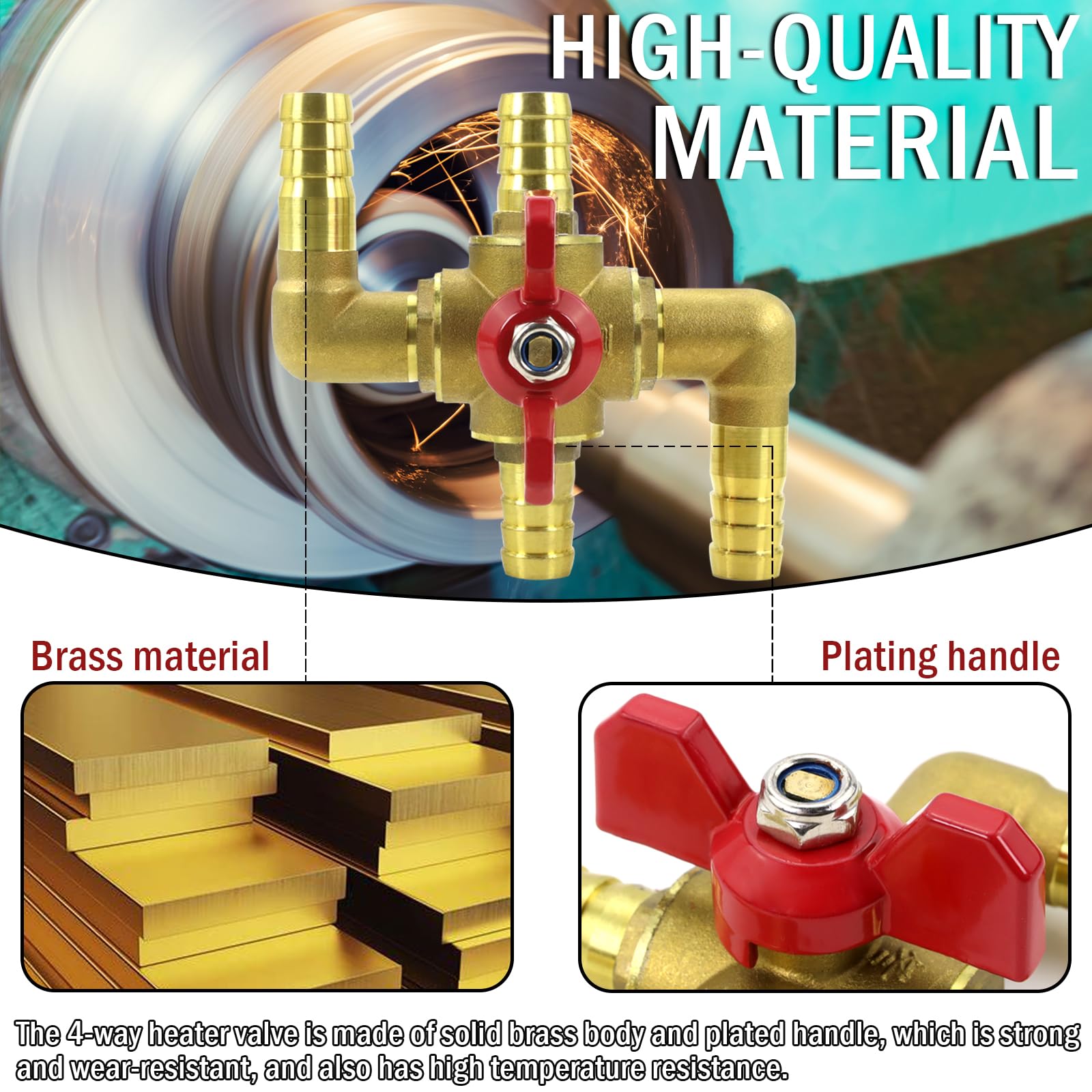 Kefly 4-Way Brass Heater Control Valve For Cars - Manual Bypass Valve For Automotive AC Systems (3/4" Barb Size)