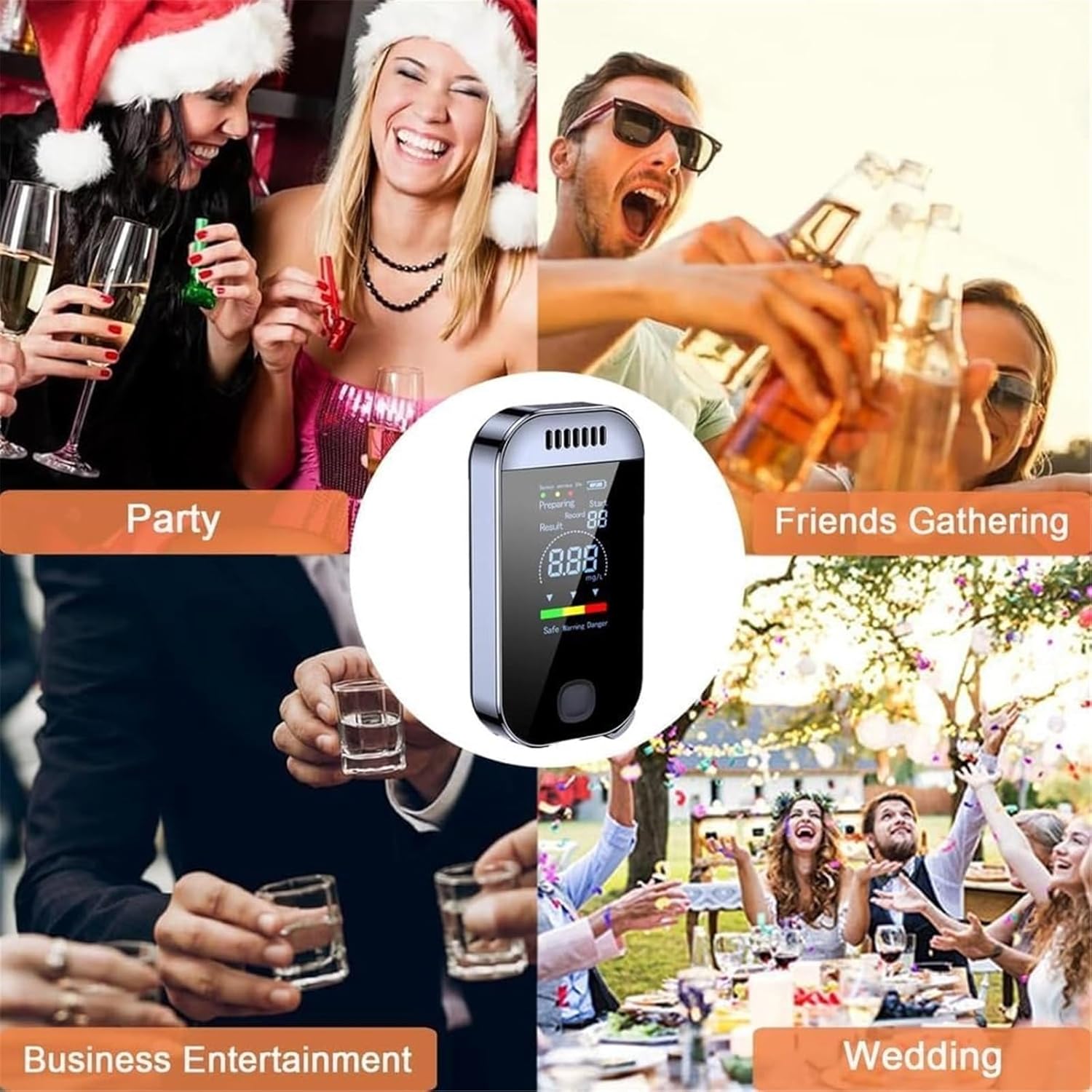 Portable Digital Breath Alcohol Monitor, 3-Color Warning LCD, 0.000-0.199% BAC, High-Precision Sensor, Hygienic Reusable for Vehicle Use