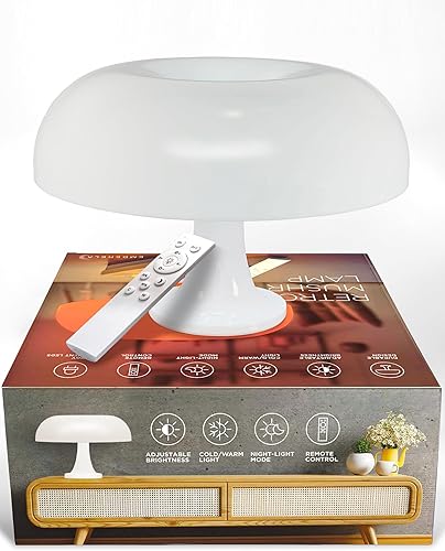 Lámpara de mesa con forma de hongo blanco, lámpara de mesa retro regulable, 3 temperaturas de luz, control remoto, lámpara LED de los años 70 en