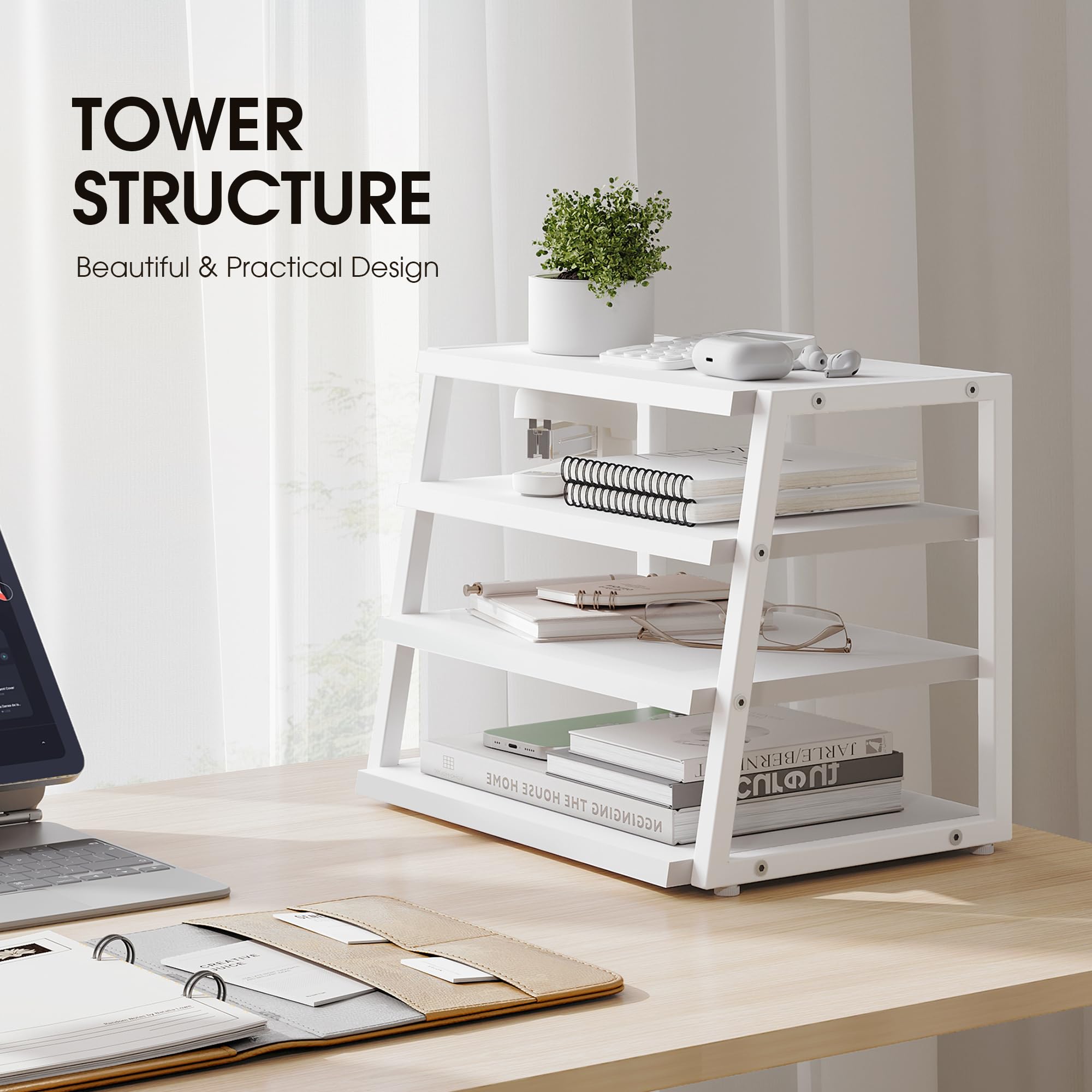Fenge Organizer da Scrivania in Legno a 4 Livelli, Portadocumenti con Ripiani e Staffe in Metallo, Ideale per Documenti A4, Perfetto per Casa, Ufficio e Scuola, Bianco