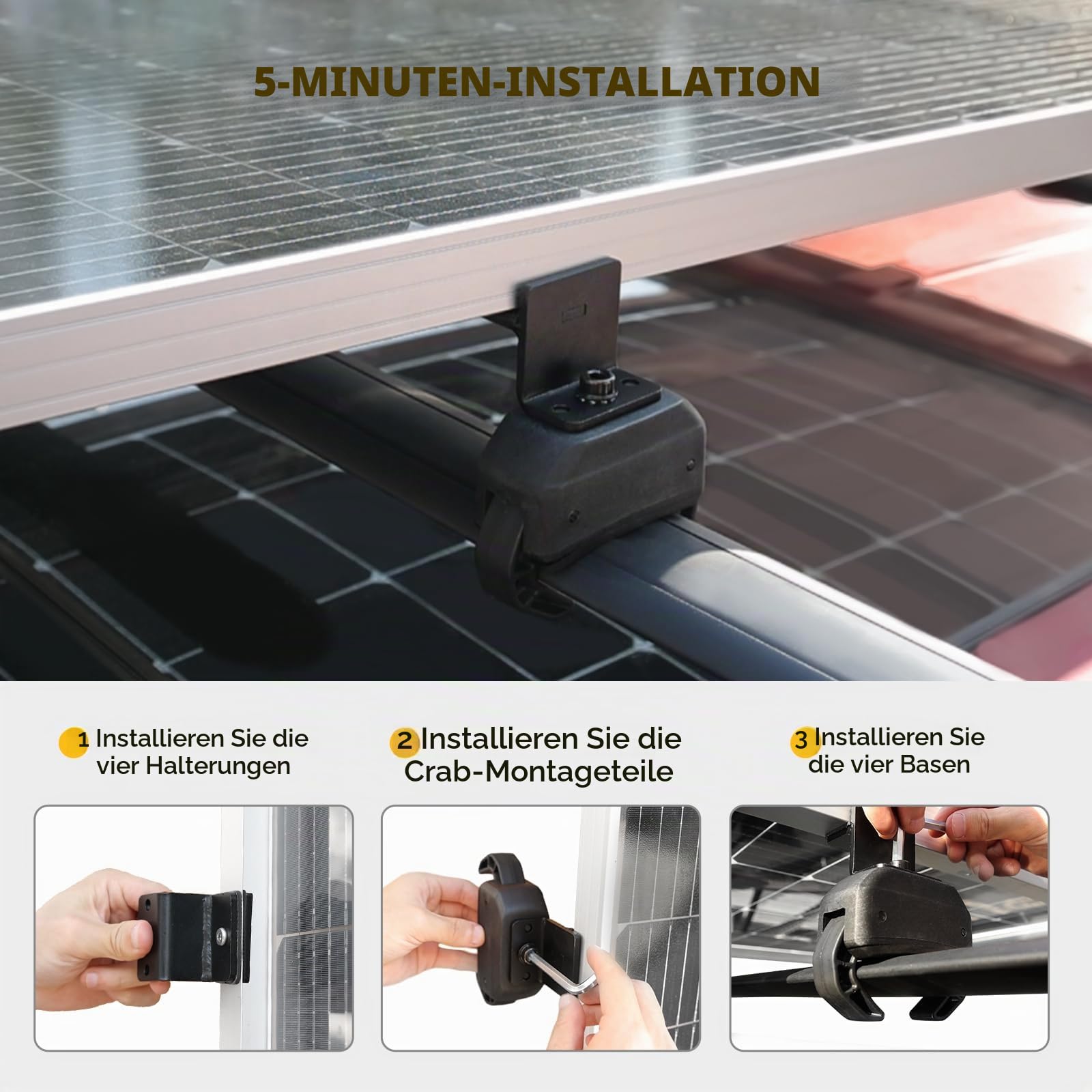 BougeRV Sonnenkollektor-Krabben-Montageset für Autos mit Querstangen, Dachträgerklemmen, passend für die meisten Gepäckträger ohne Bohren, 100 bis 200 Watt Solarmodul-Montagehalterungen,