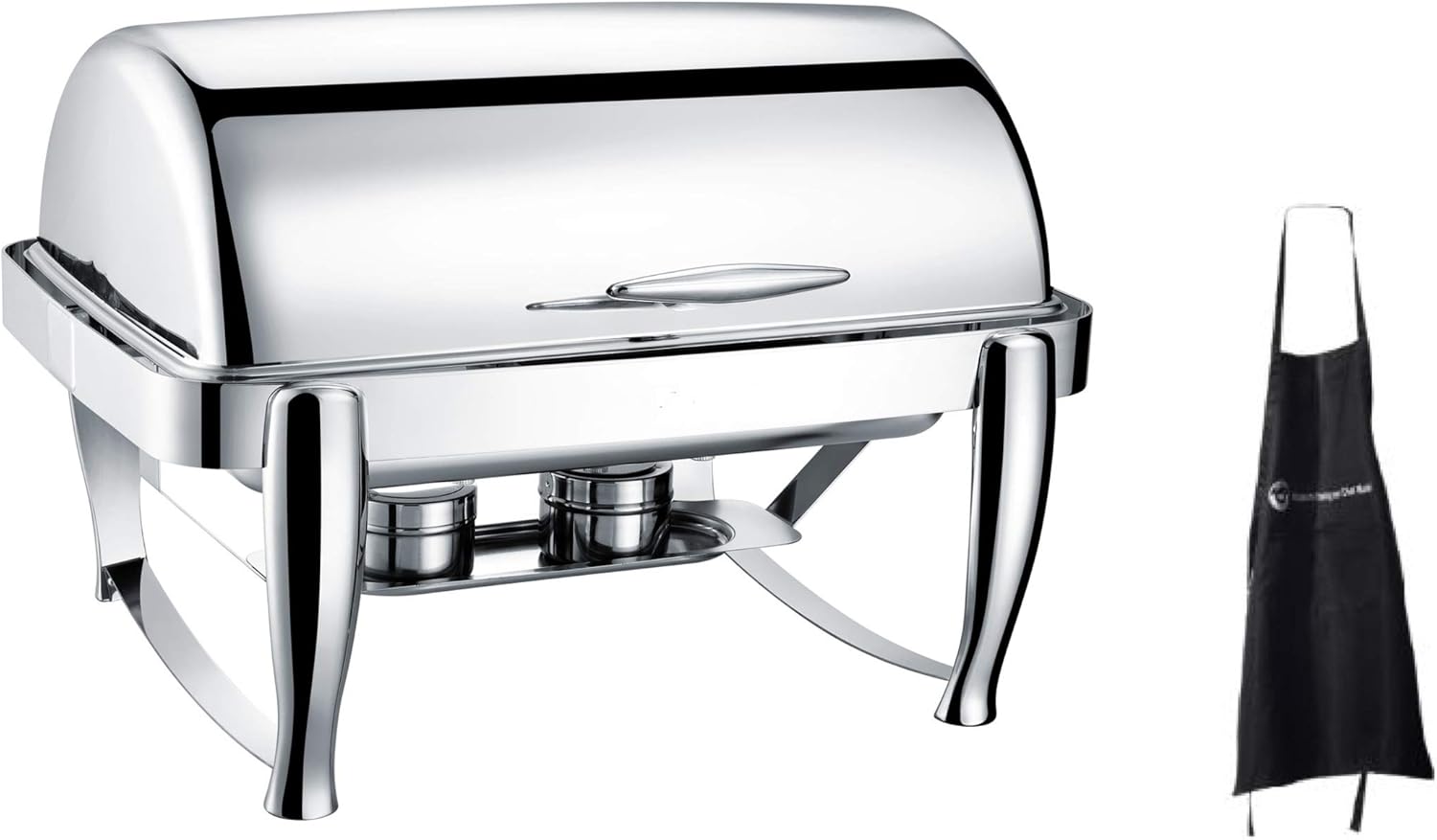 Virtuosa Stainless Steel Oblong 8QT Chafer, Roll-top Set Includes Food Pan, Water Pan and Fuel Holders – Durable, shiny silver, keeps food warm in catered events + CHEFS APRON