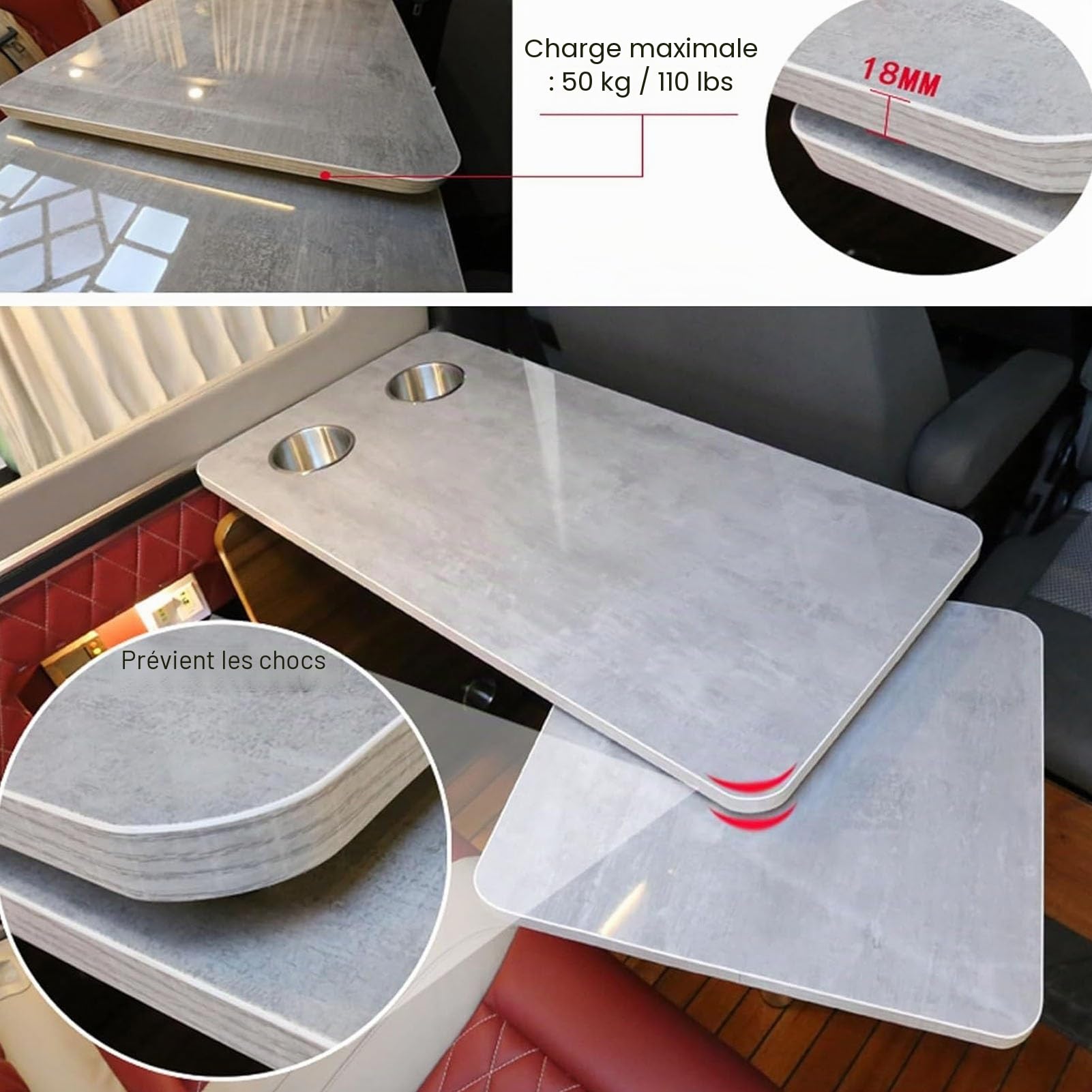 Table à Manger Extérieure, Table Pliable pour Camping-Car, Caravanes et Fourgons Aménagés, Plateau Double Épaisseur Rotatif à 360°, Gris