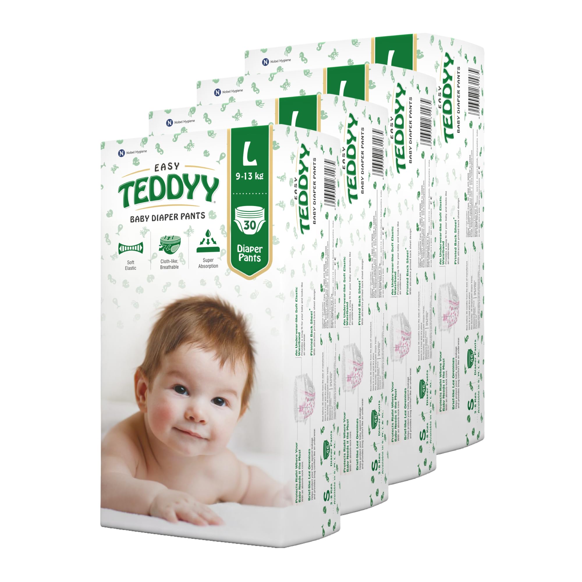 TEDDYY Easy Baby L Size Diaper Pant Style | 120 Count (Large) | 9β14 kg (Pack of 4) | Long Protection Hours | Anti-Bacterial | Airy Breathable Fit | Rapid Soaker Channels with Wetness Indicator