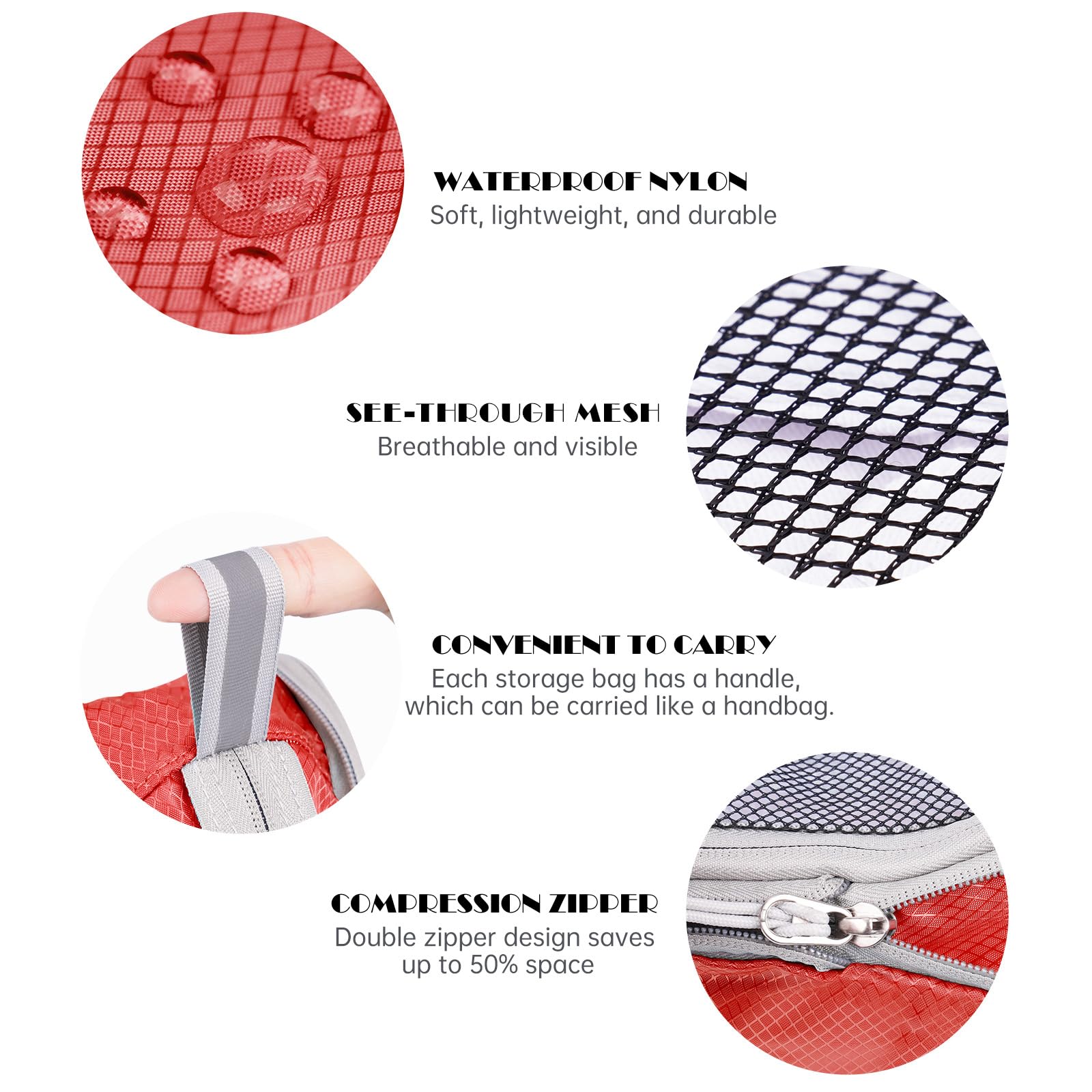 NiHome Set di 7 cubi a compressione espandibile, in rete, organizer per bagagli con cavo elettronico, caricabatterie, organizer con coulisse (rosso)