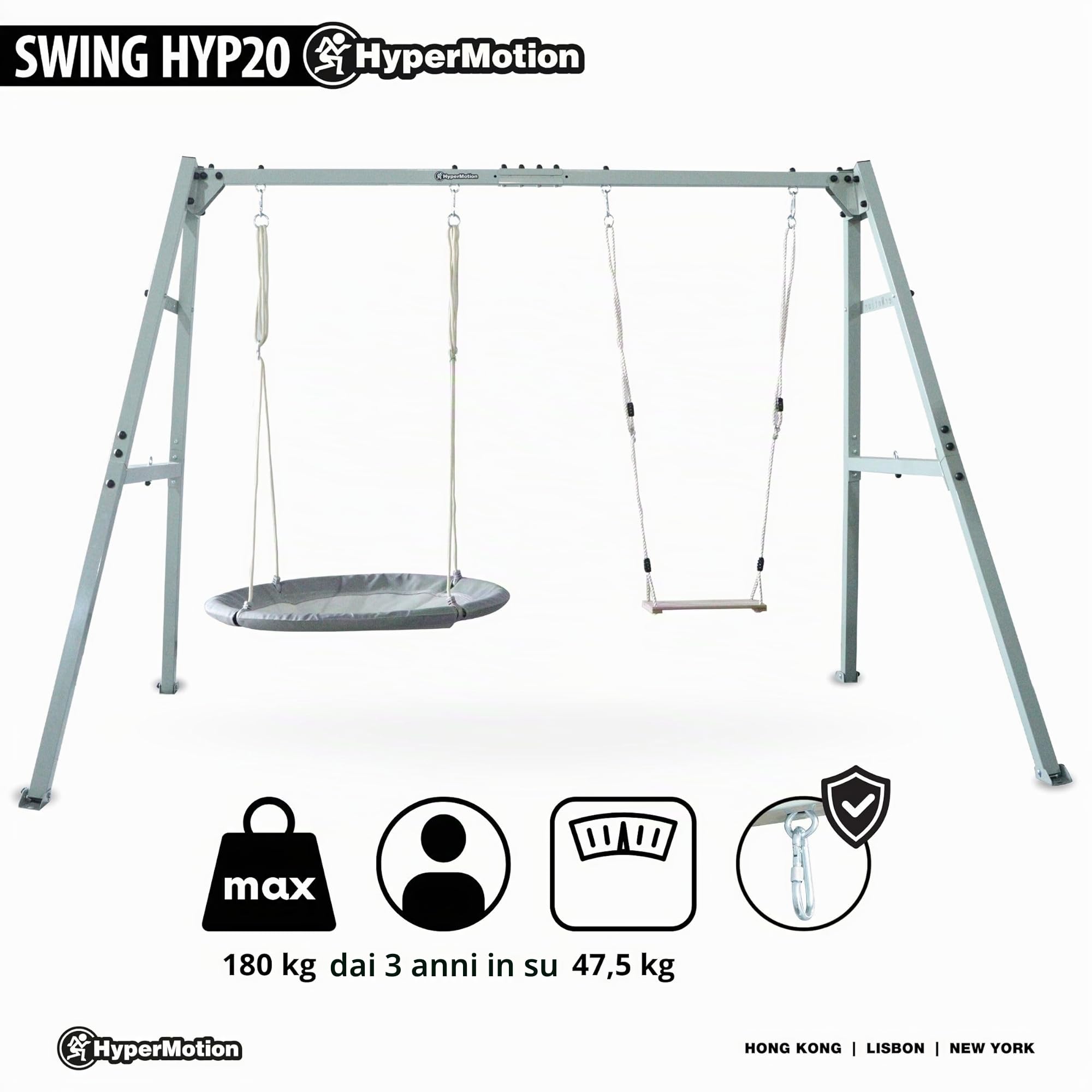 HyperMotion Altalena da Giardino 3-in-1 per Bambini e Adulti - Set con Dondolo, Nido Cicogna, Amaca - Struttura Acciaio Regolabile 180kg