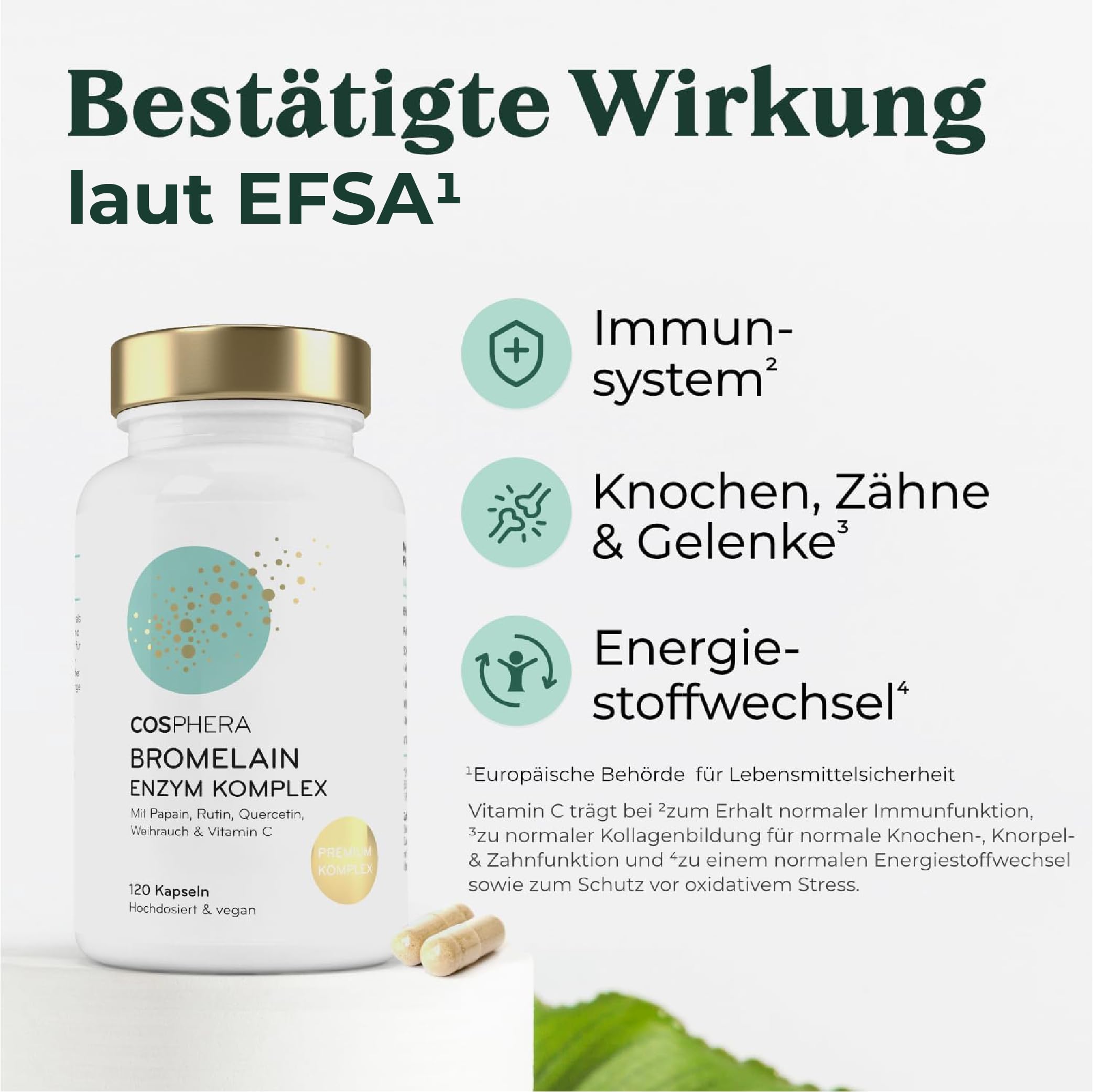 Bromelain hochdosiert 5000 FIP - 6-in-1 Ananas Enzym Komplex mit Papain, Quercetin, Weihrauch, Rutin & Vitamin C - 120 Magensaftresistente Kapseln (2 Monate) - Vegan & Made in Germany von COSPHERA®