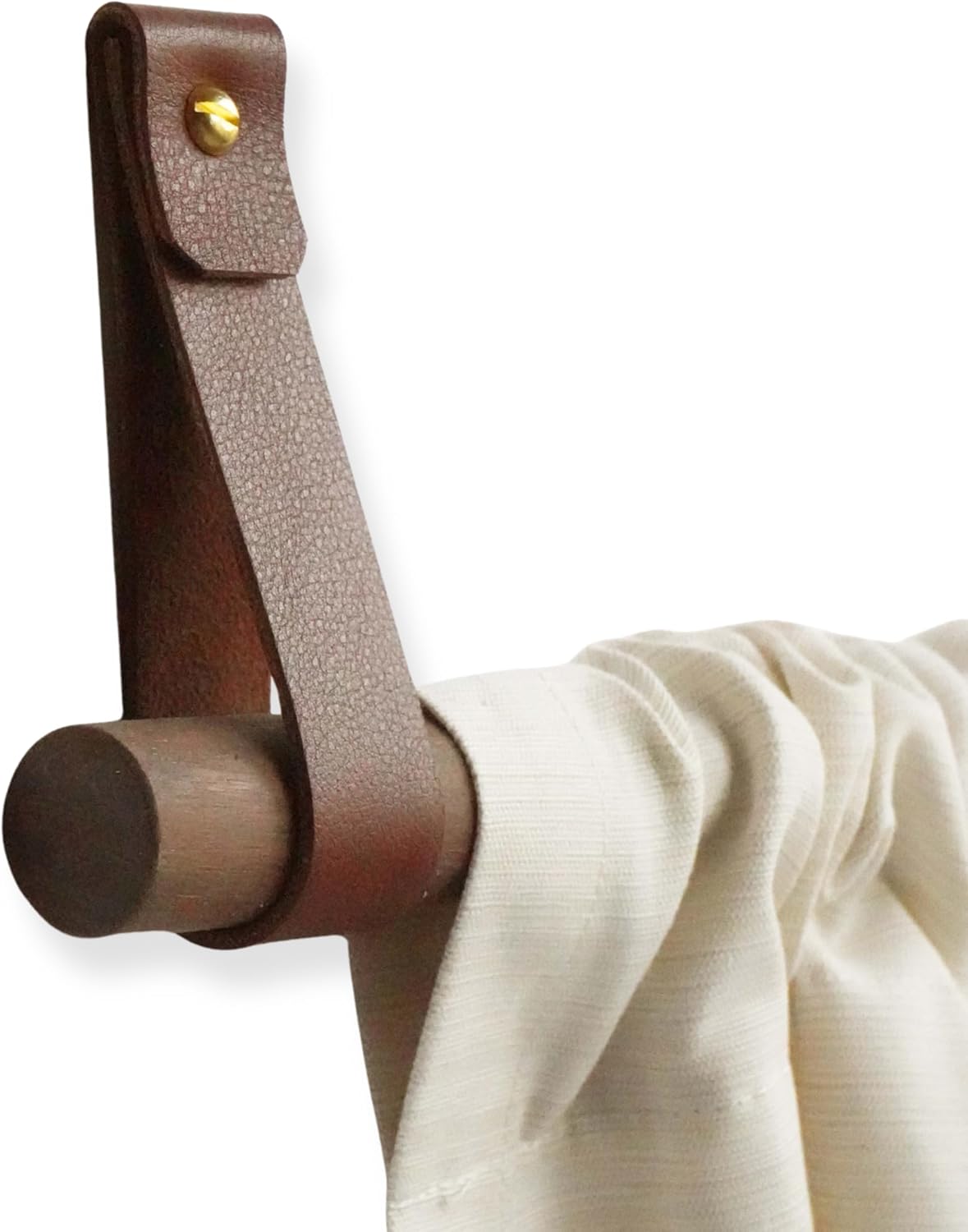 Keyaiira - Curtain Rod Holder Leather Curtain Rod Bracket Holders Leather Loop Strap for Wall Boho Pole Hanger Wall Blanket Display Farm House Style - 2PK (Walnut, Brass Screws)