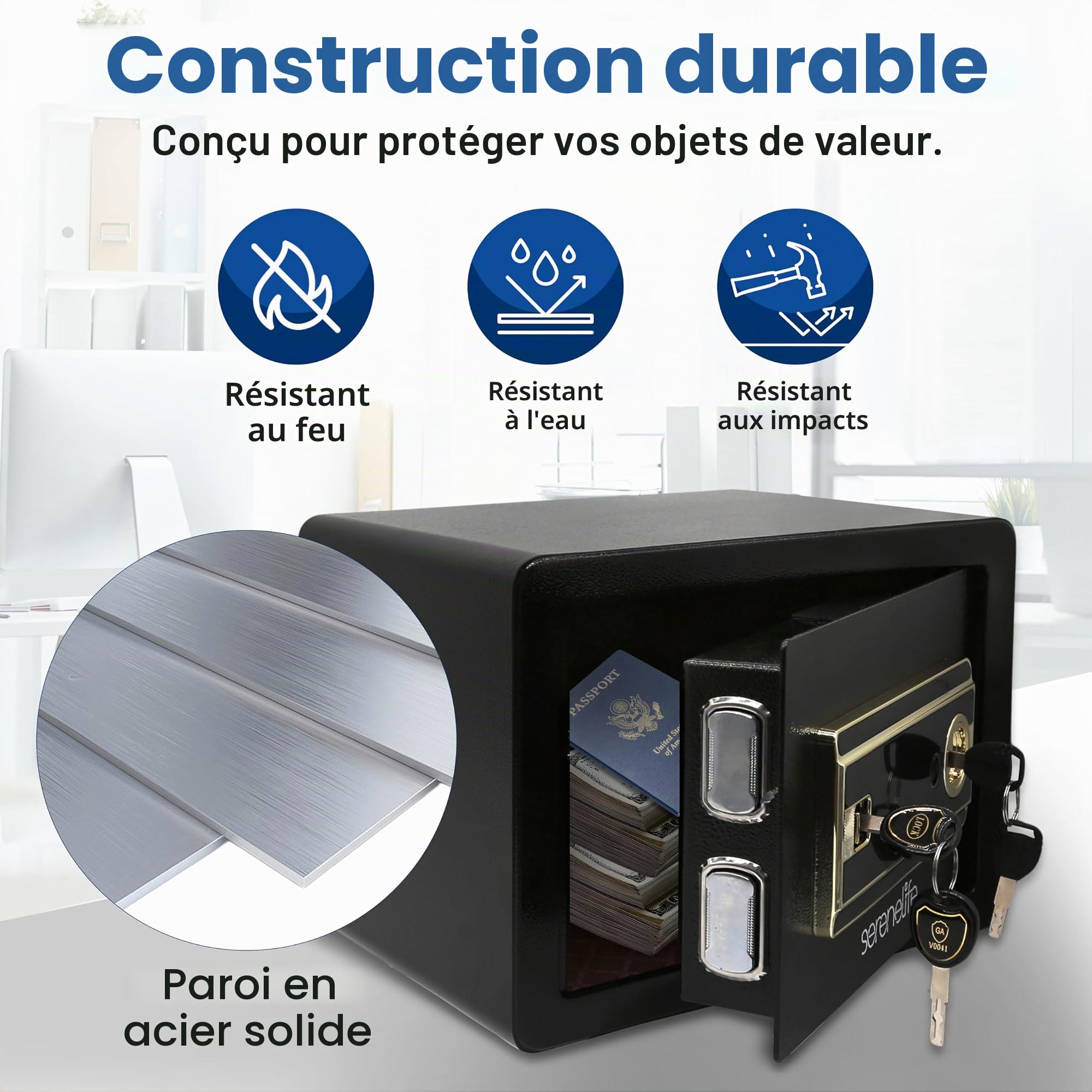SereneLife Coffre-Fort pour Maison | Accès Électronique par Empreinte Digitale, Coffre à Argent pour Maison et Bureau, Clavier Tactile & Serrure, Acier, Inclut 2 Clés Maîtresses