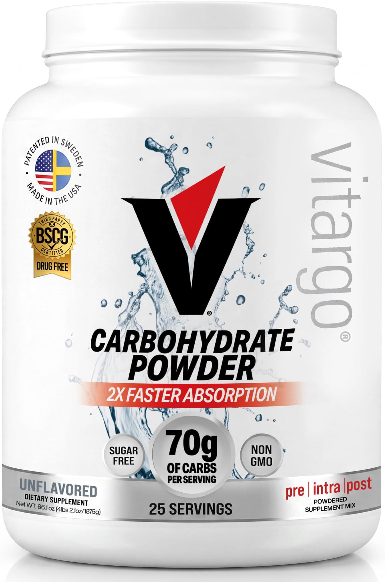 - Vitargo Carbohydrate Powder, 2X Faster Absorbing, 4.4 LB Plain, Pre, Intra & Post, Sugar-Free Complex Carb Powder for Recovery, Endurance & Muscle Gain, Made in USA