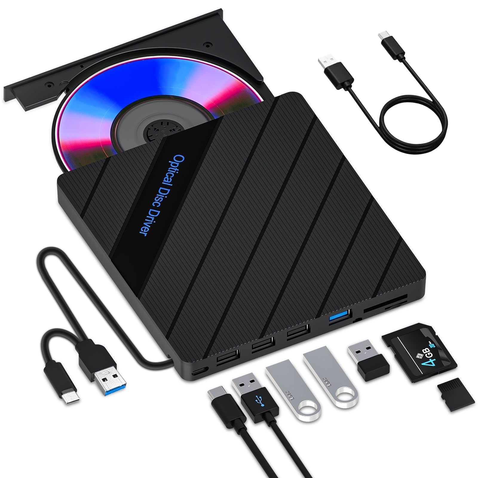 Masterizzatore DVD esterno 8 in 1 per laptop USB 3.0 Type-C Lettore Masterizzatore/lettore CD/DVD RW con slot SD/TF e 4 porte USB, unità disco ottico per Windows 11/10/Mac OS/Macbook/Vista/Linux