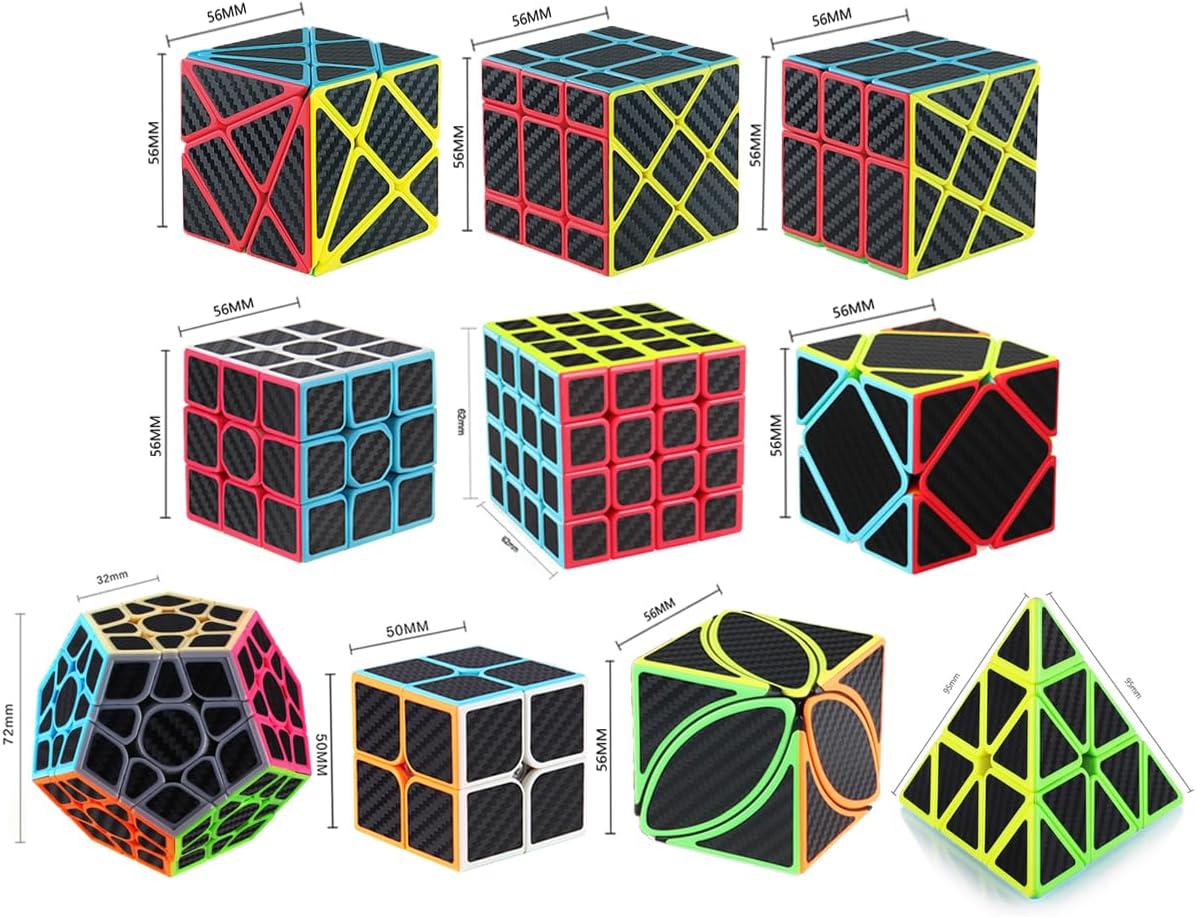 Roxenda Speed Cube Set of 10 - 2x2 3x3 4x4 Skew Ivy Axis Fisher Megaminx Pyramid and Windmill - Carbon Fiber Sticker Magic Collection, Educational Toys for Children and Adults