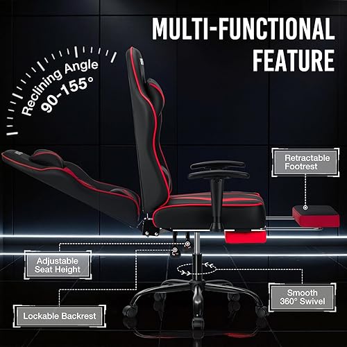 Miniatura 4 de HOFFREE Silla de masaje para juegos con cojín de resorte de bolsillo, silla reclinable de 155 para computadora con reposapiés y reposabrazos