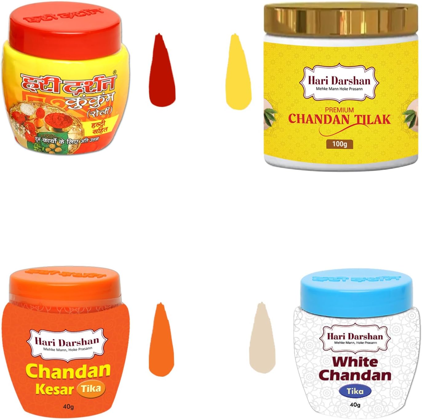 Hari Darshan プレミアム コンボ チャンダン ティカ | プレミアム ティラック | ケサールティカ | クムクム ロリ ティカ | ホワイトティカ – 4個パック