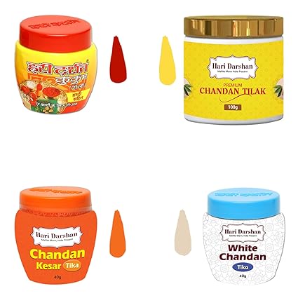 Hari Darshan Premium Chandan Tika Combo - Pack of 4 | Chandan Tilak | Kesar Tika | Kumkum Roli Tika | White Chandan Tika | Tilak for Pooja,Havan with Beautiful Fragrance
