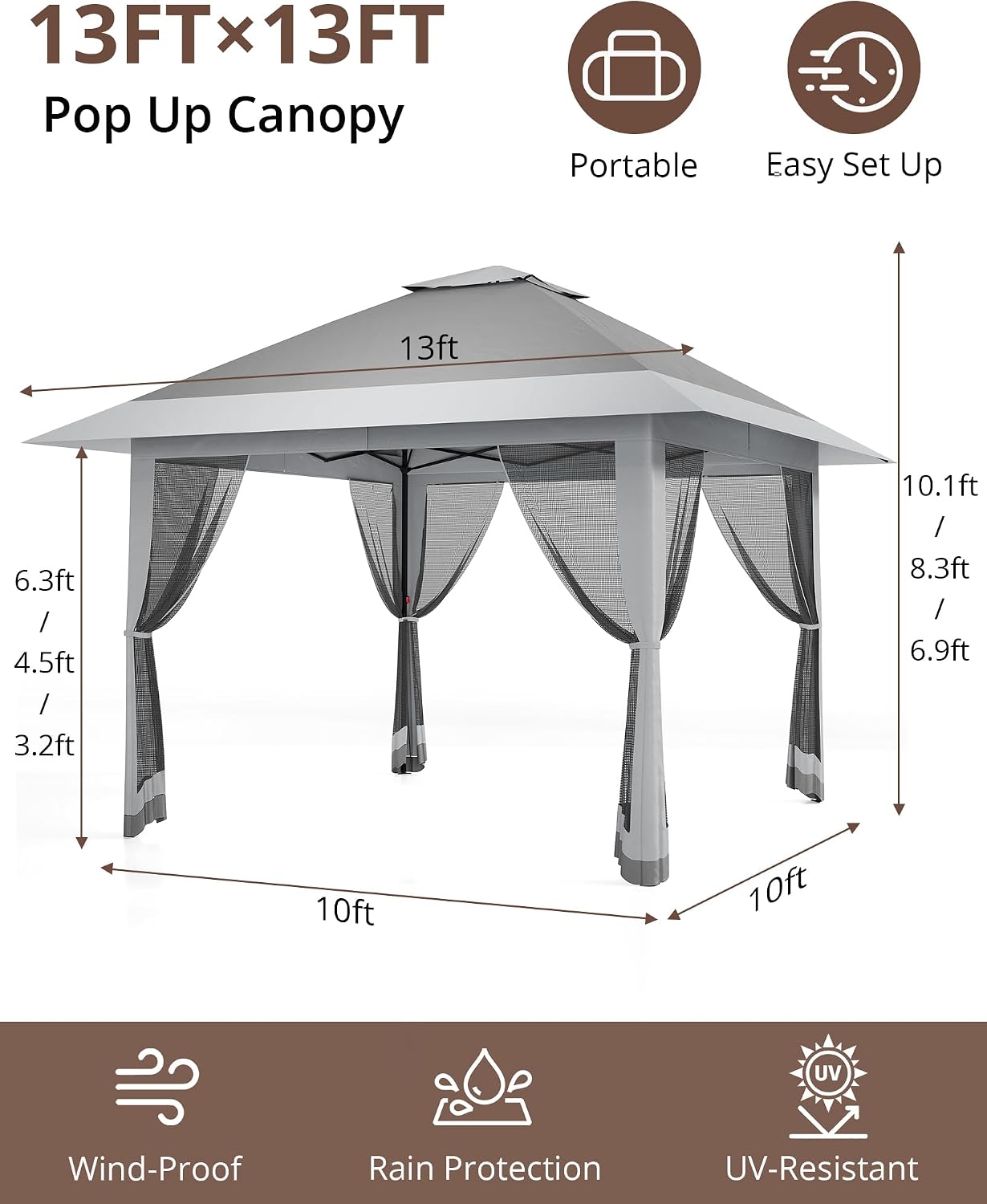 Heavy-Duty Pop-Up Outdoor Gazebo 13x13FT - Double Roof, Mosquito Netting, UV-Resistant Canopy, Adjustable Height, Waterproof Sun Shelter for Patio, Garden, Camping, Gray