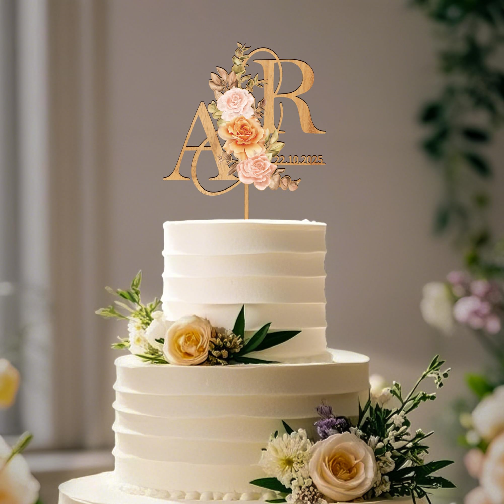 Personalized Fall Wedding Cake Topper in Wood Custom Bride and Groom Initial Cake Topper Wedding Date Cake Decoration (Fall Flowers)