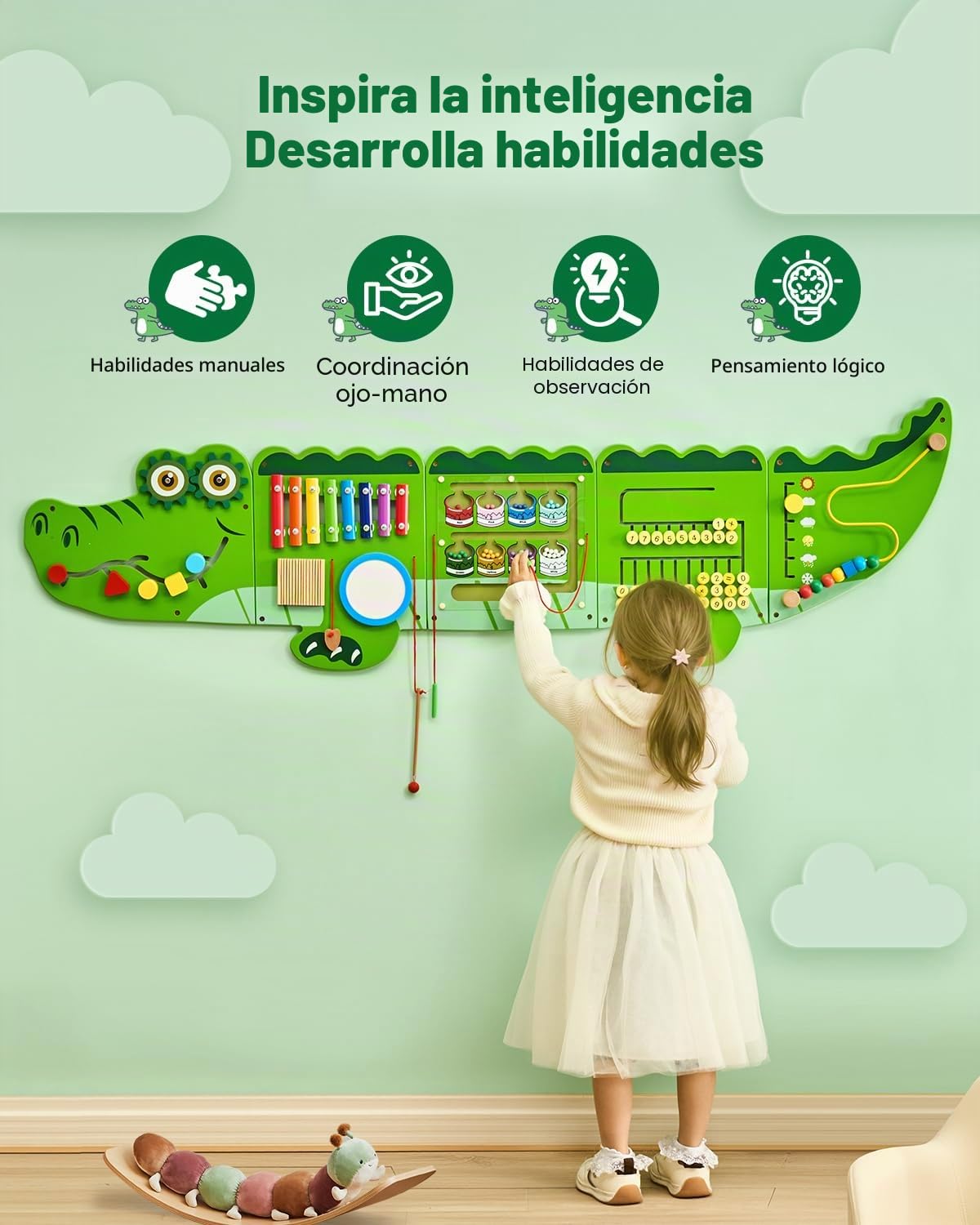VEVOR Tablero Montessori de Pared de Cocodrilo para Niños 3 a 12 Años, Panel Sensorial con 9 Juegos Interactivos de MDF para Actividad Guardería Aula Habitación Infantil Motricidad Fina y Juego Diario
