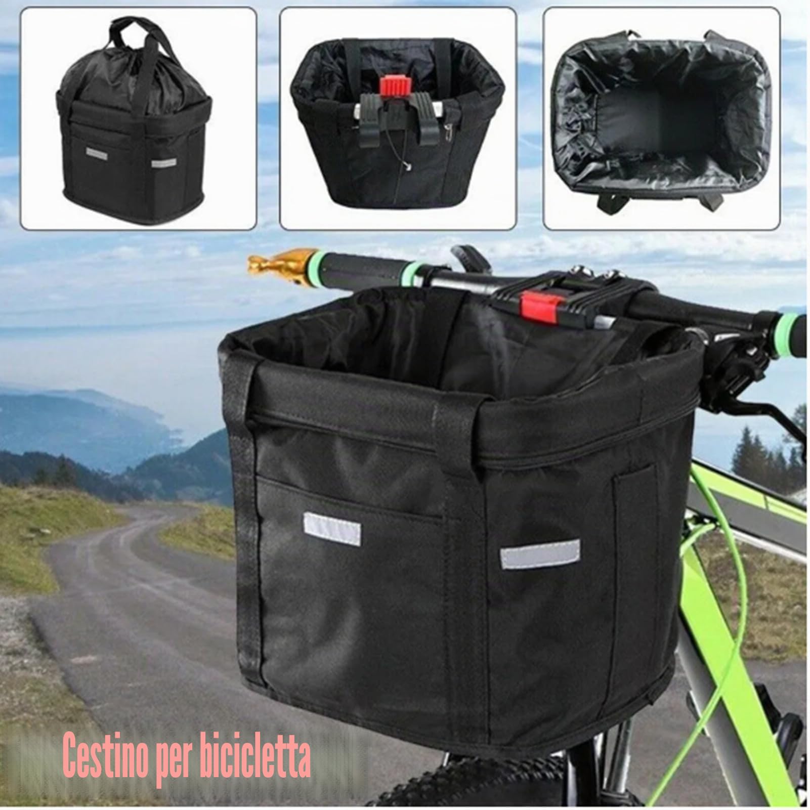 Cestino per Bici, Cestino Anteriore Bici Staccabile con Adattatore Manubrio, Cestino Multiuso da Bicicletta per Cani, Gatto, Ciclismo, Picnic, Shopping (Nero)