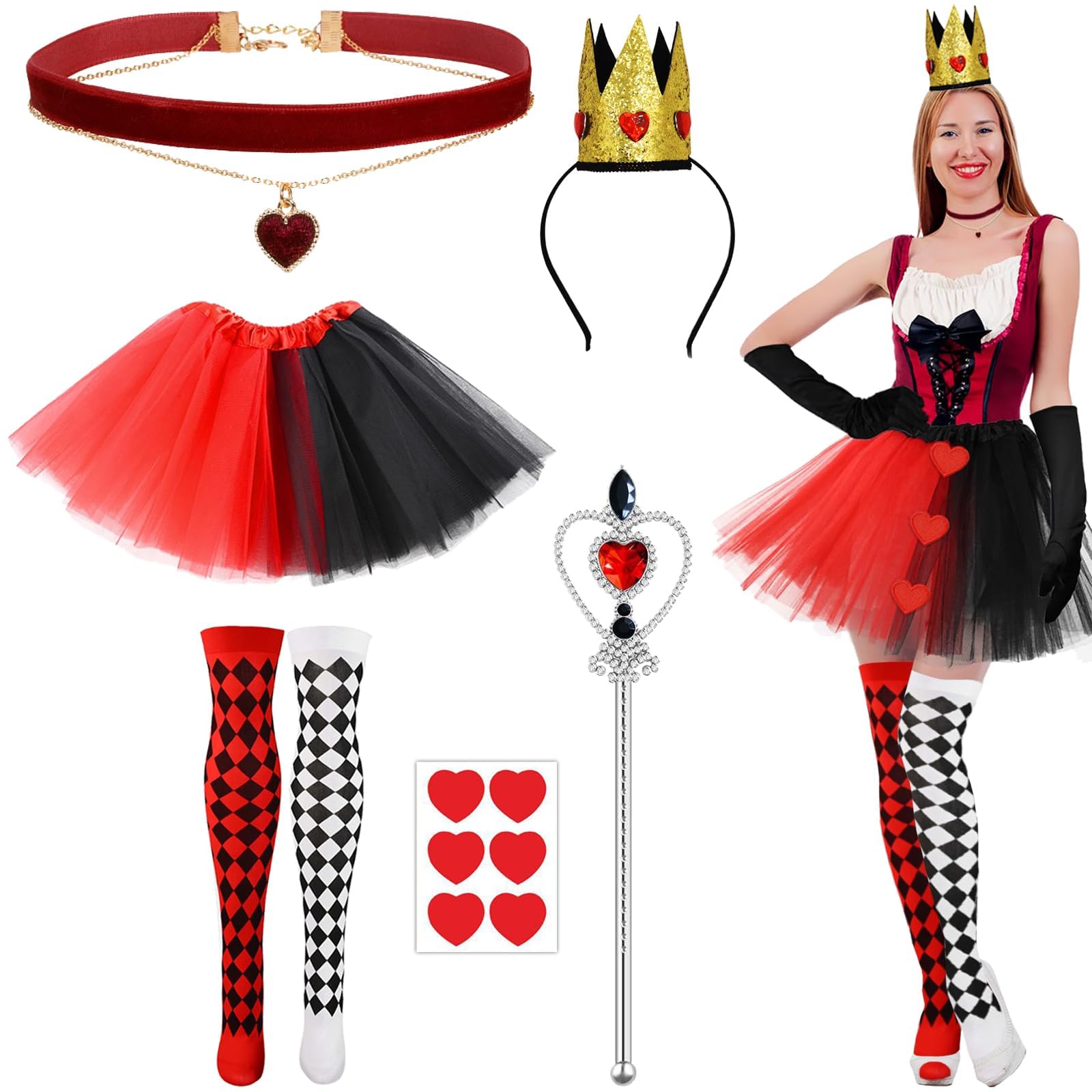 ZKFSIE Queen of Hearts Costume for Girls Women, World Book Day Costumes Women Adults, Including Gold Crown Headband Black Red Tutu Skirt Socks Wand Heart Patch, World Book Day Dress Up