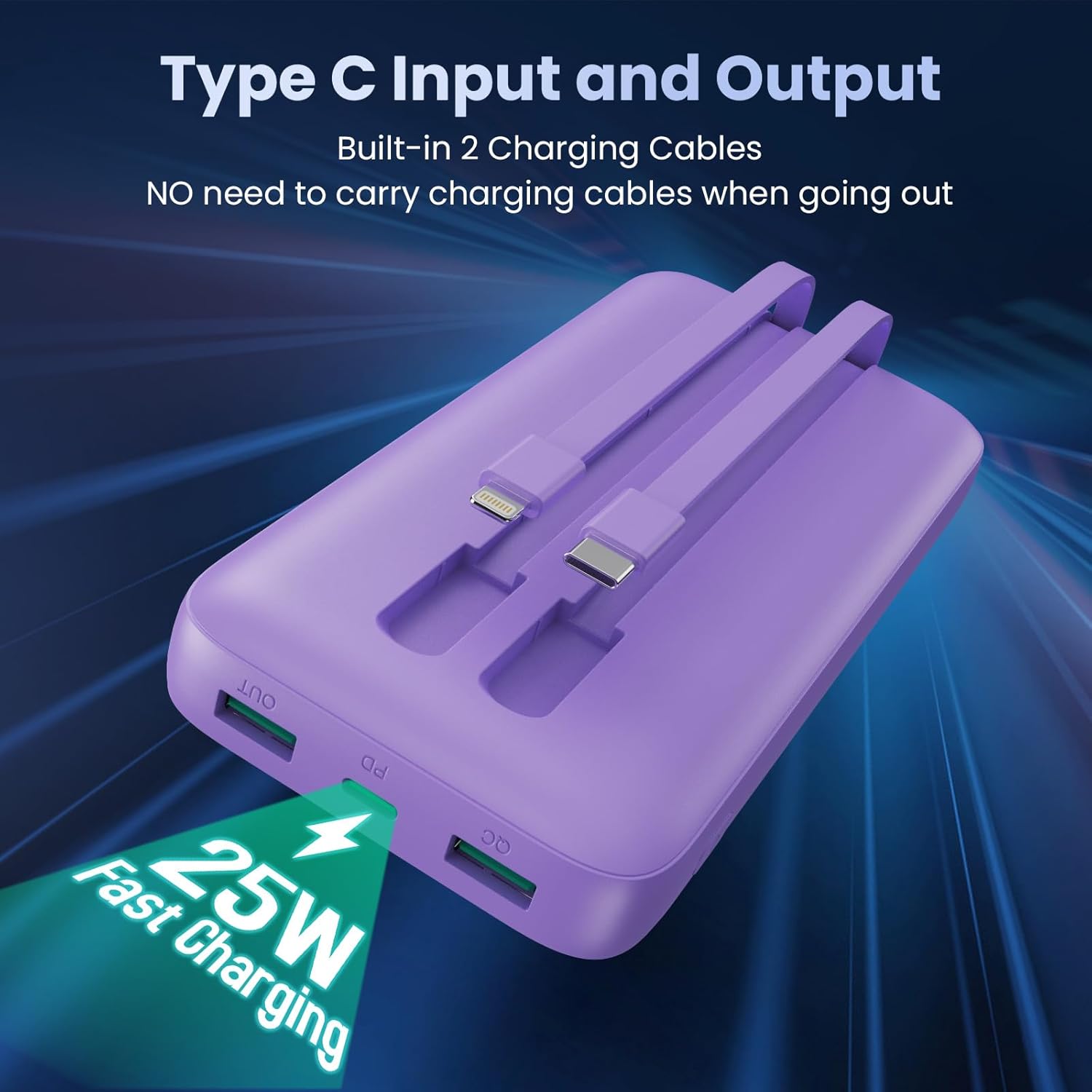 클로즈업 view 이 보조 배터리는 내장된 iOS 및 Type-C 충전 케이블과 25W 고속 충전 기능을 주요 특징으로 내세웁니다.